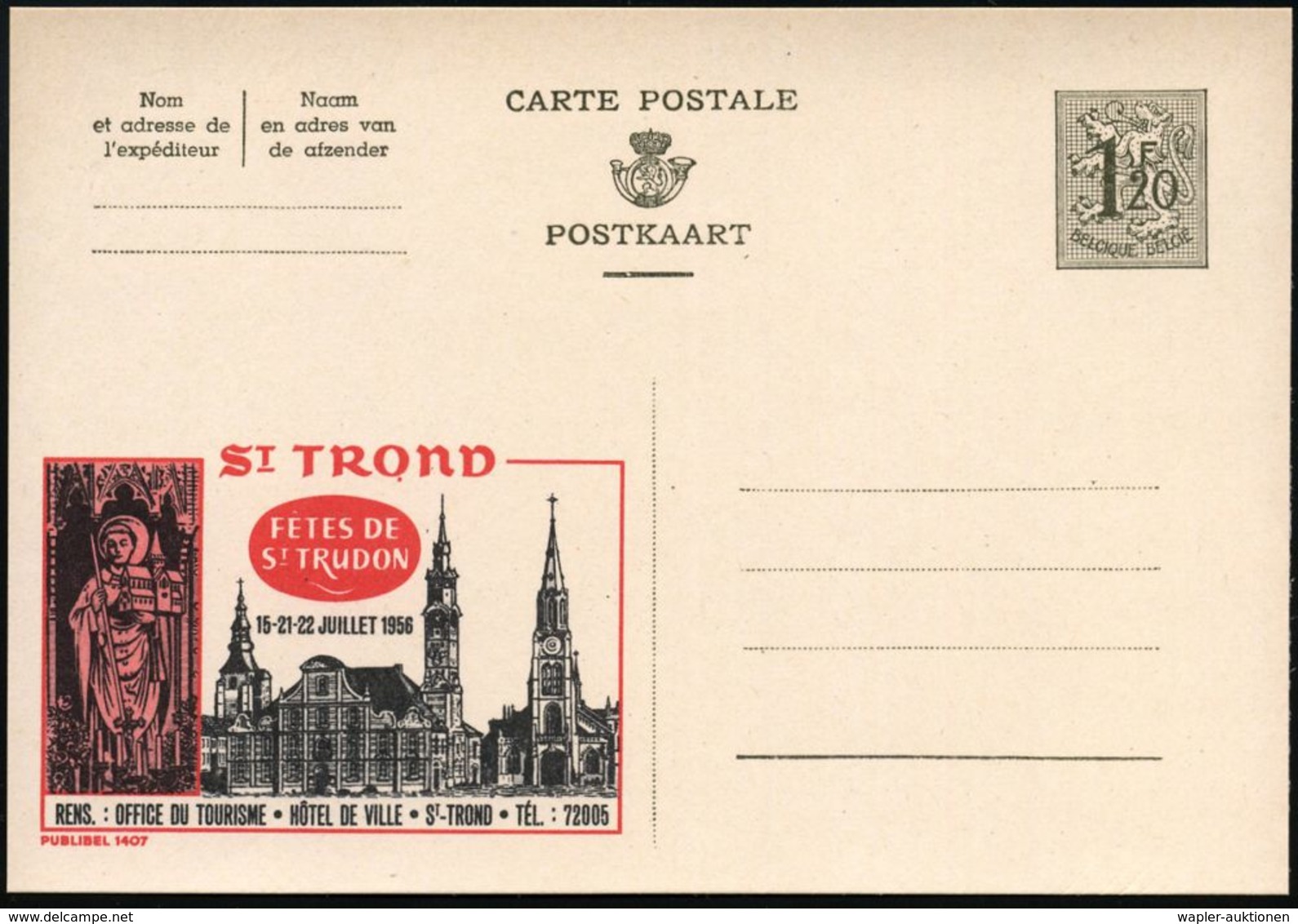 BELGIEN 1954 1,20 F. Reklame-P. Wappenlöwe, Oliv: St.TROND/FETES DE St. TRUDON.. Bzw. St. TRUIDEN.. (je Kirche, St. Trui - Christendom