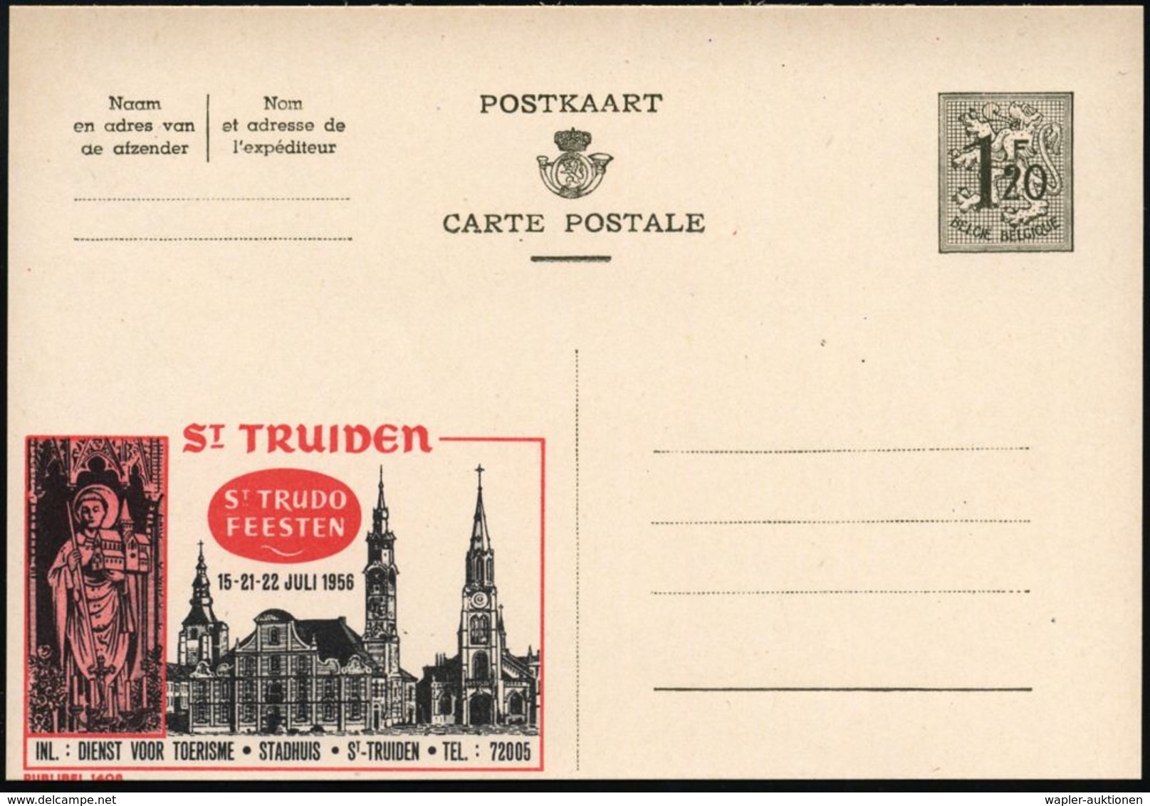 BELGIEN 1954 1,20 F. Reklame-P. Wappenlöwe, Oliv: St.TROND/FETES DE St. TRUDON.. Bzw. St. TRUIDEN.. (je Kirche, St. Trui - Christendom