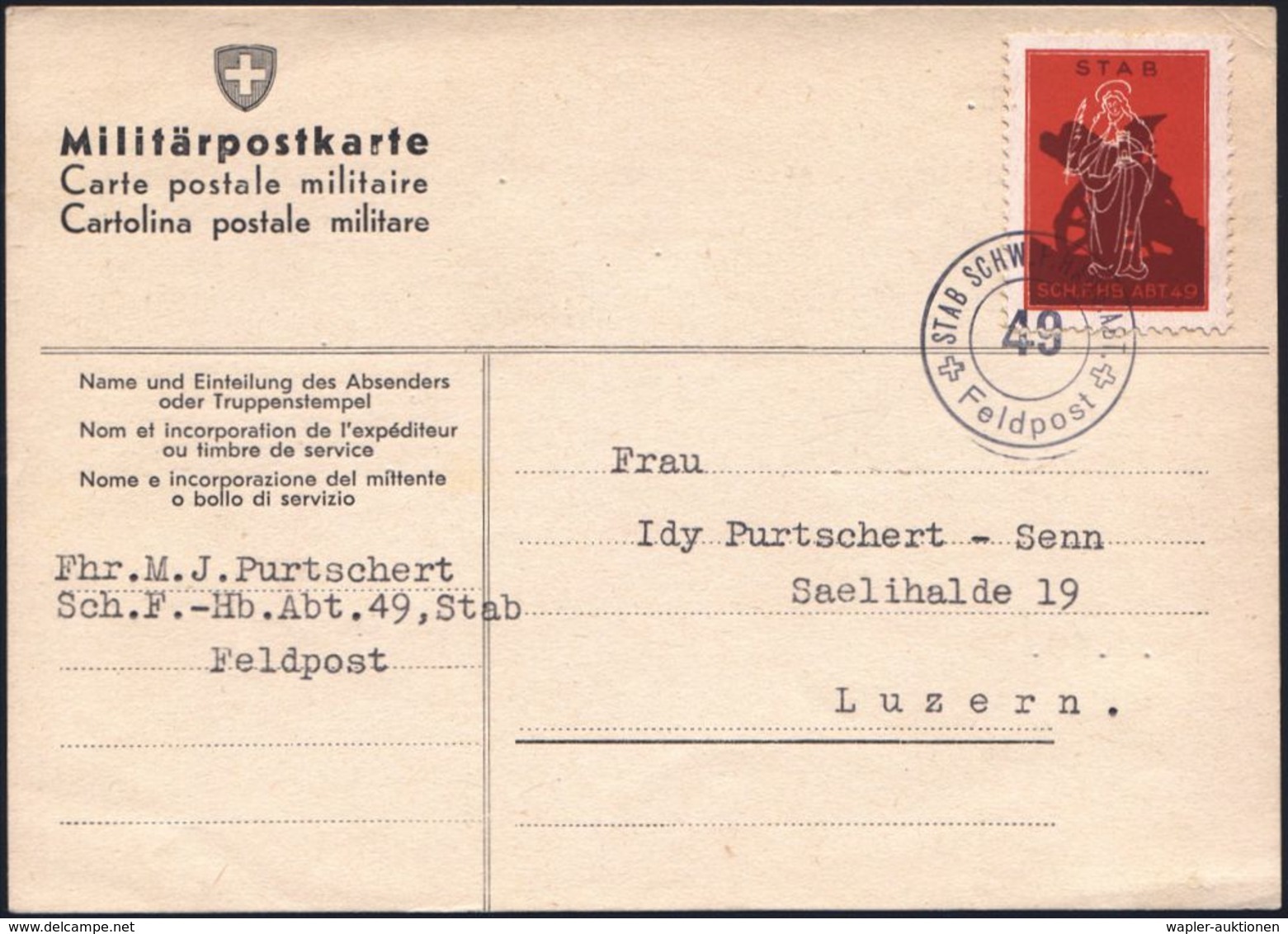 SCHWEIZ 1940 Soldatenmke "STAB SCH.F.HB. ABT 49" Abb: Infanterie-Geschütz,  Hl. Barbara = Patronin Der Artillerie, 2K: S - Christendom