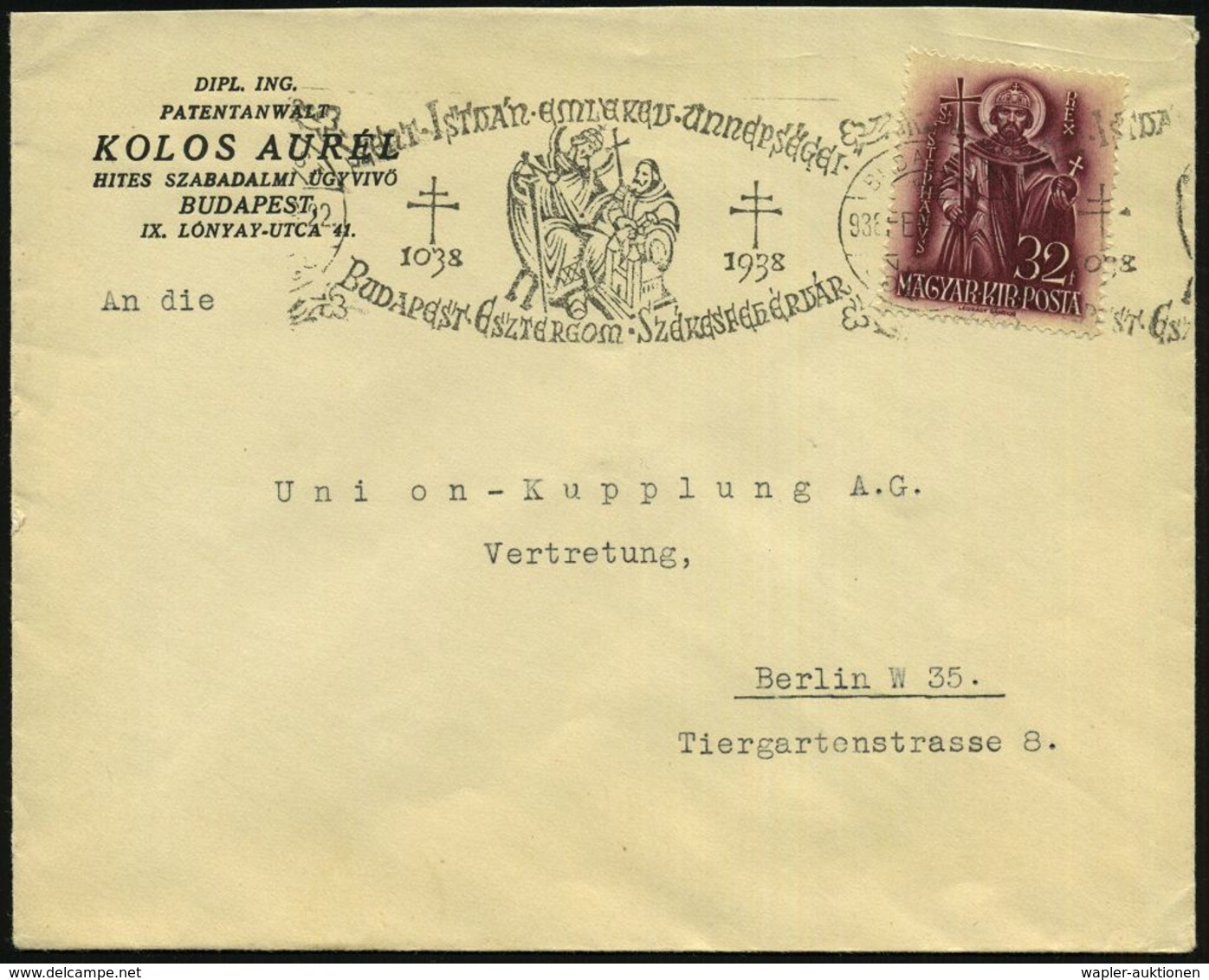 UNGARN 1938 (22.2.) "900. Todestag Hl.Stephan" 32 F. Braunlila, EF + Entspr. Bd.MaWSt: BUDAPEST/62/SZENT ISTVAN.. (= Hl. - Christendom