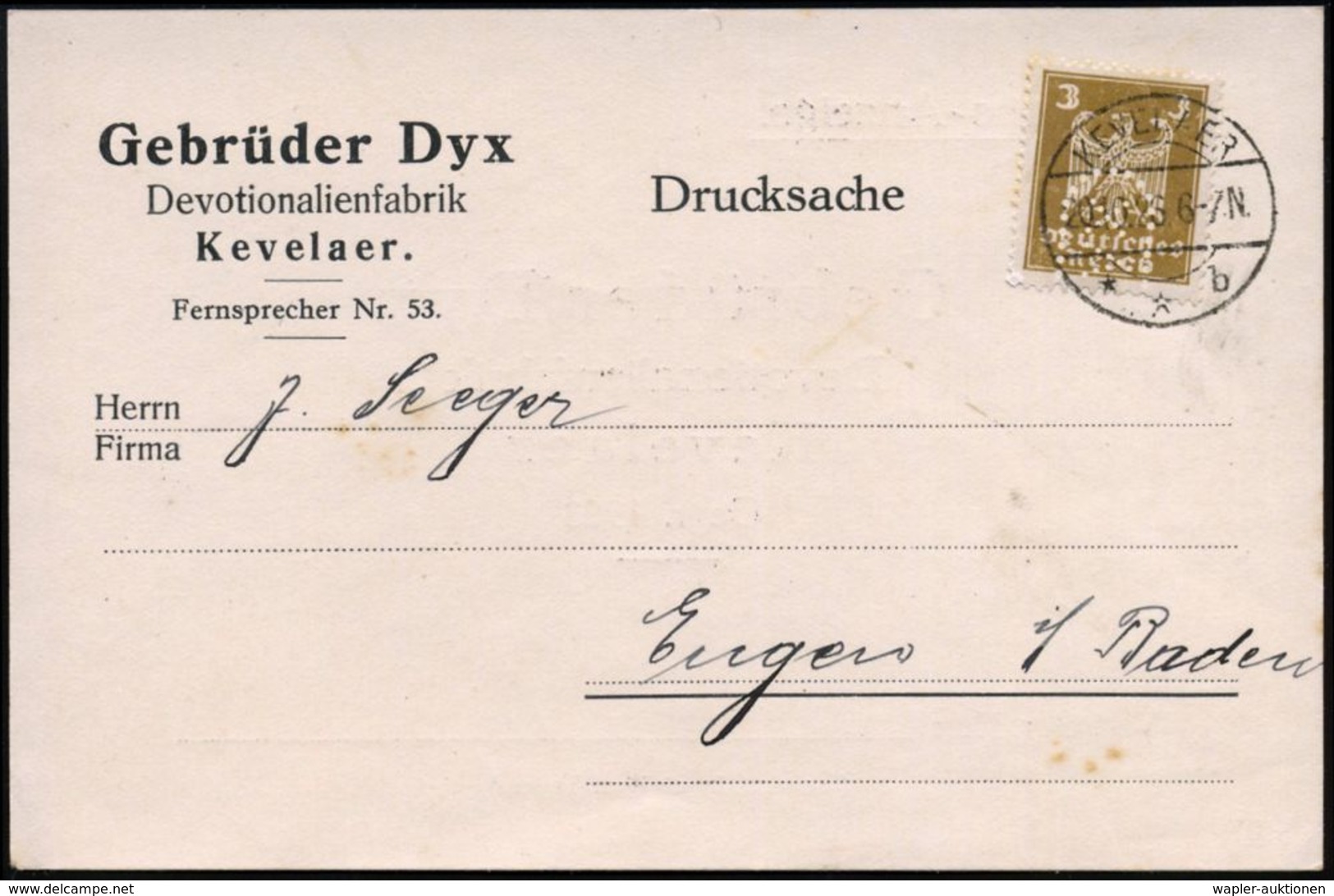 KEVELAER/ **b 1926 (20.10.) 1K-Brücke Auf EF 3 Pf. Adler Mit Zier-Firmenlochung:  D Y X = Gebr. D Y X, Devoltionalienfab - Christendom