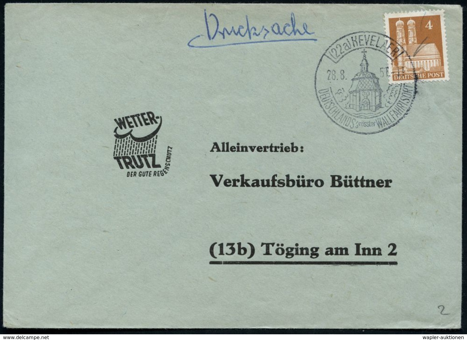 (22a) KEVELAER/ DEUTSCHLANDS Grösster WALLFAHRTSORT 1950 (20.2.) HWSt = Gnadenkapelle Klar Auf Bauten-Frankatur, Bedarfs - Christendom