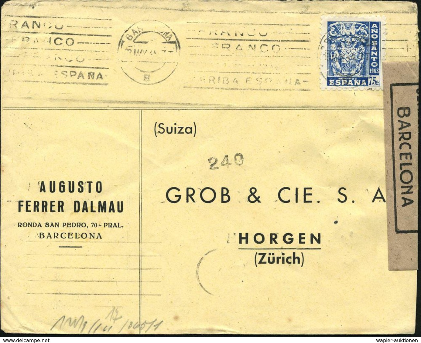 SPANIEN 1944 (12.5.) 75 C. "Heiliges Jahr", EF = Kapitell Der Wallfahrts-Kathedrale V. Santiago De Compostela (= Pilger) - Cristianesimo