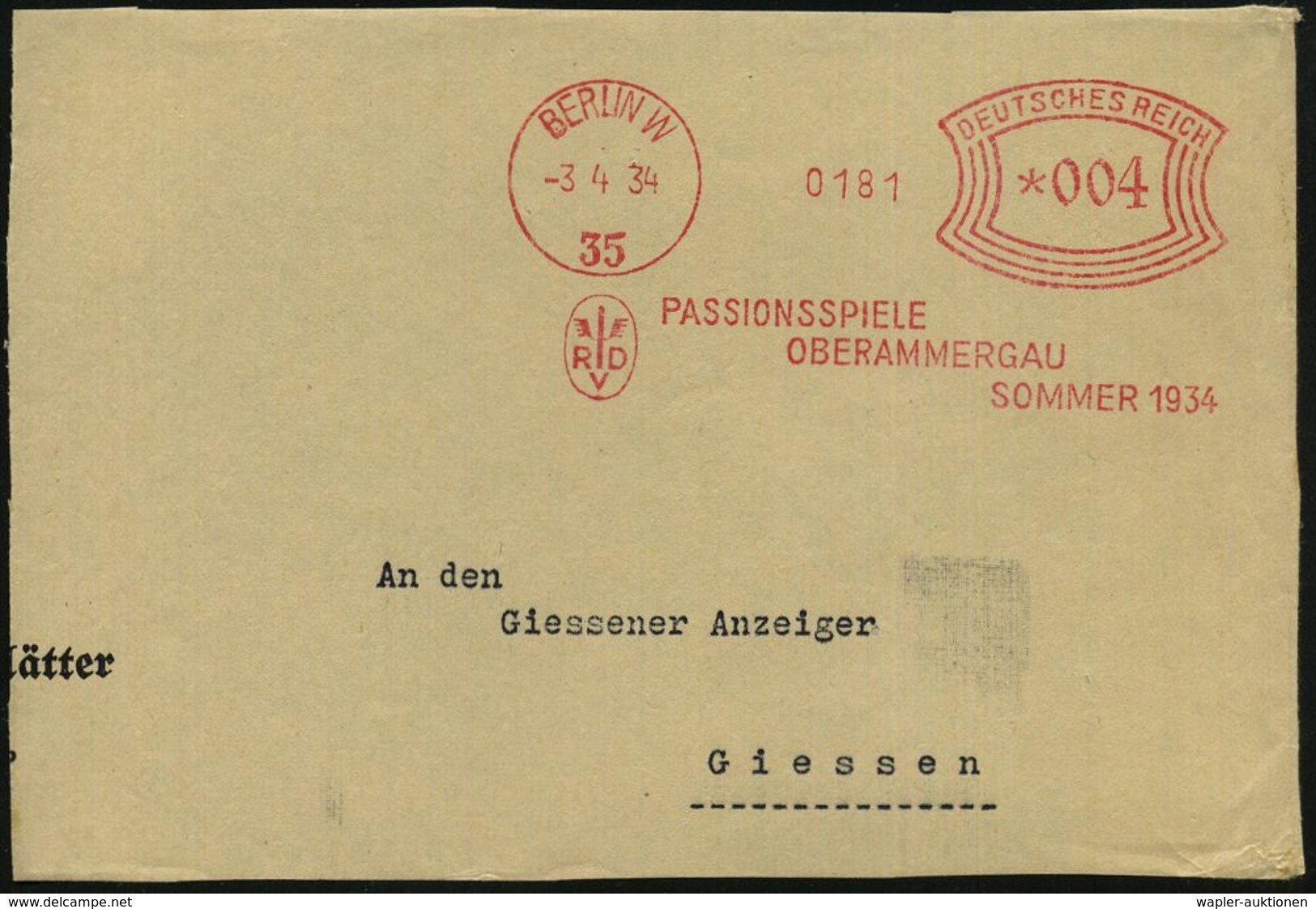 BERLIN W/ 35/ RVD/ PASSIONSSPIELE/ OBERAMMERGAU/ SOMMER 1934 1934 (3.4.) Seltener AFS (Monogr.-Logo: R D V = Reichsbahnz - Christentum