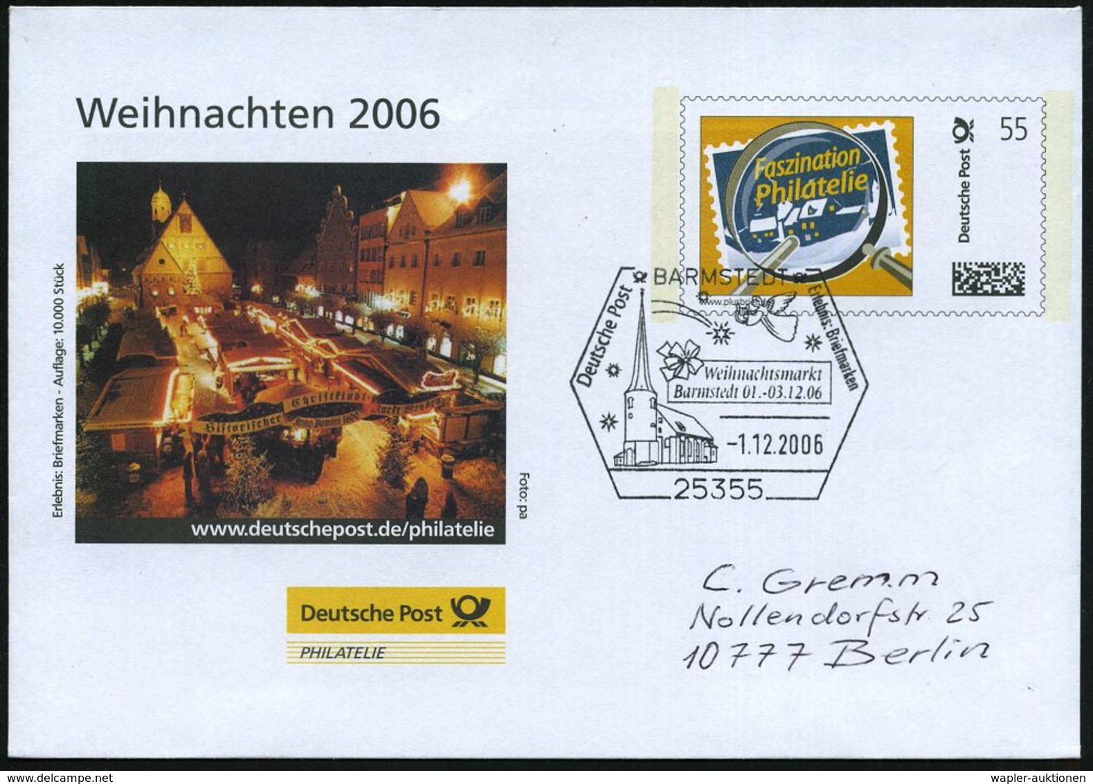 25355 BARMSTEDT/ Weihnachtsmarkt.. 2006 (1.12.) SSt = Engel, Komet, Kirche Auf USo 55 C. "Weihnachten 2006" (Weihnachtsm - Natale