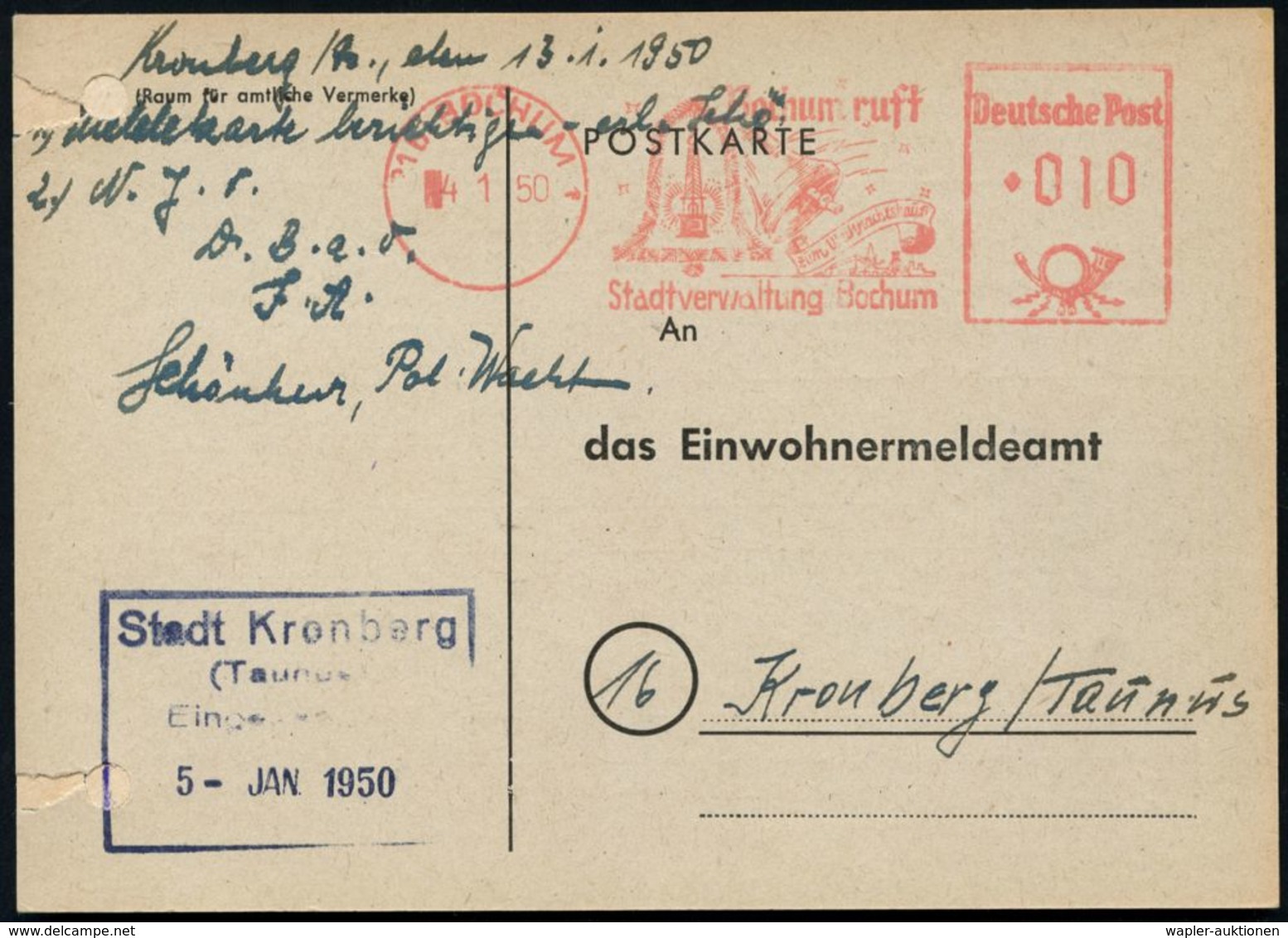 (21b) BOCHUM 1/ Bochum Ruft/ Zum Weihnachtskauf/ Stadtverwaltung 1950 (4.1.) Seltener AFS = 2 Glocken, Grubenlampe Etc., - Weihnachten