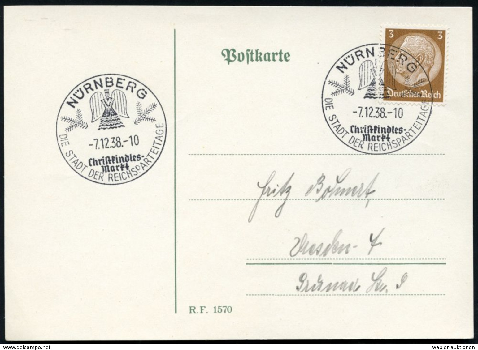 NÜRNBERG/ DSDR/ Christkindles-/ Markt 1938 (7.12.) SSt = Rauschgold-Engel (+ 2 Tannenzweige) Klar Gest. Inl.-Kt. (Bo.63) - Natale