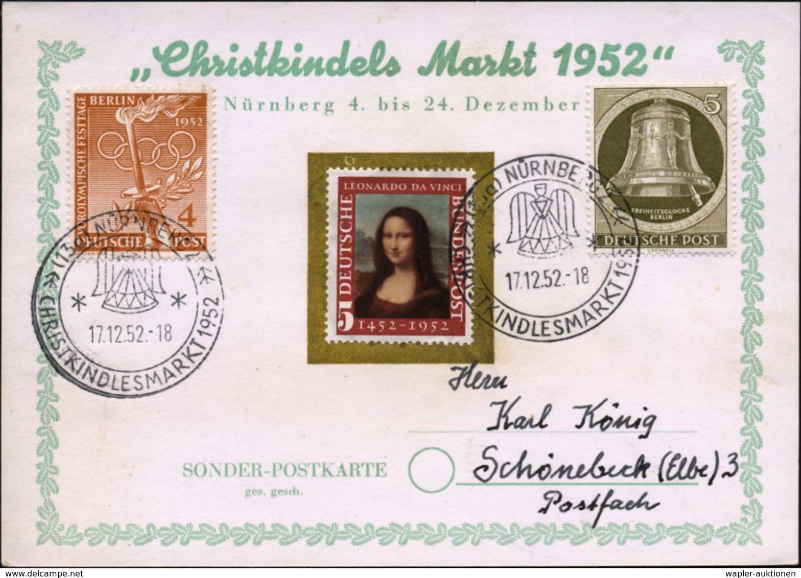 (13a) NÜRNBERG 2/ CHRISTKINDLESMARKT 1952 1952 (17.12.) SSt = Rauschgoldengel 2x Klar Gest. Sonder-Kt.: Christkindels Ma - Noël