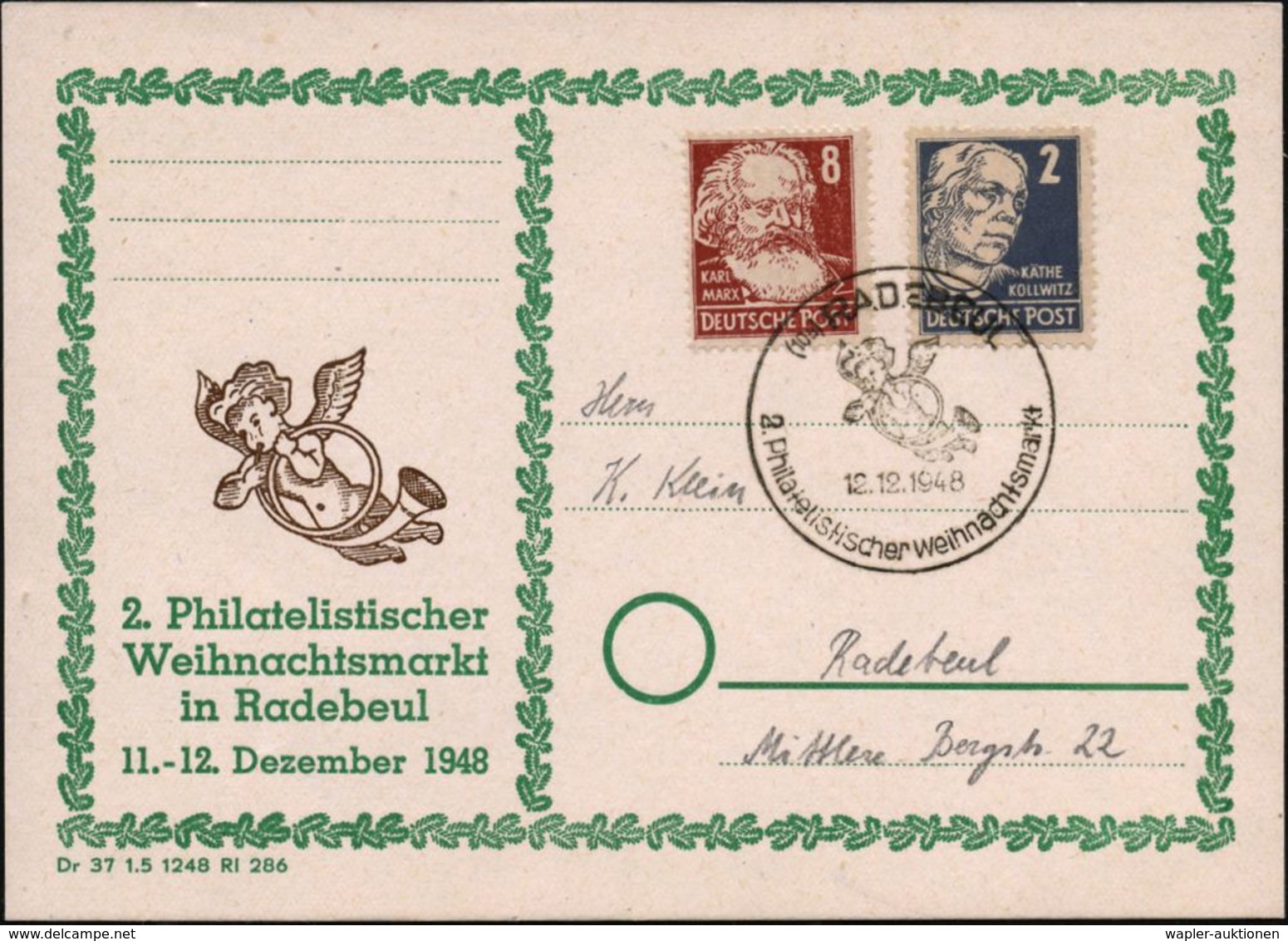 (10a) RADEBEUL/ 2.Philatel.Weihnachtsmarkt 1948 (12.12.) Seltener SSt = Engel Mit Posaune , Klar Gest., Motivgl. Sonder- - Weihnachten