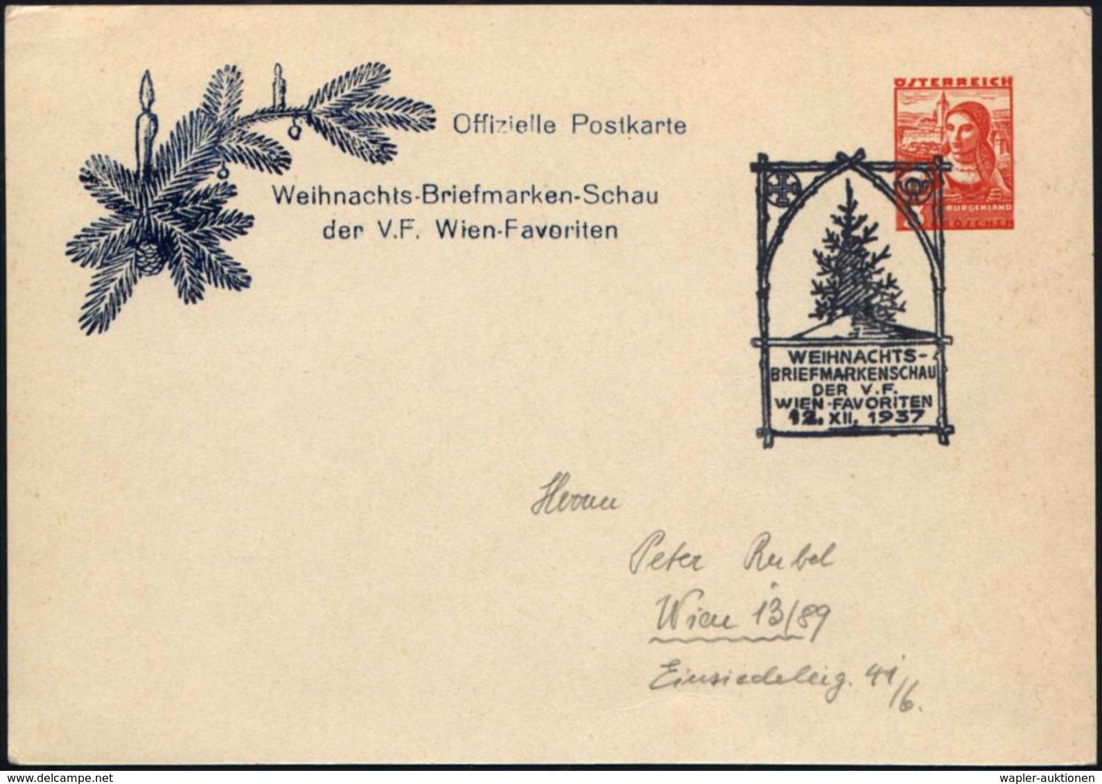 ÖSTERREICH 1937 (12.12.) PP 3 Gr. Trachten, Rot: Weihnachts-Briefmarken-Schau (Kerzenzweig) + Weihnachts-SSt: WIEN-FAVOR - Kerstmis