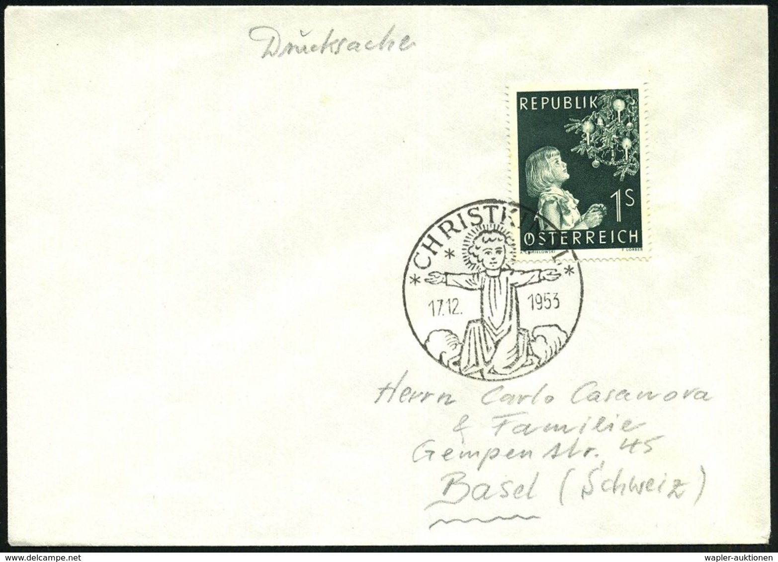 ÖSTERREICH 1953 (17.12.) SSt.: CHRISTKINDL = Jesus-Kind (4 Sterne) Auf 1 S. Weihnachten (Mi.994 U.a.) Klar Gest. Ausl.-B - Kerstmis