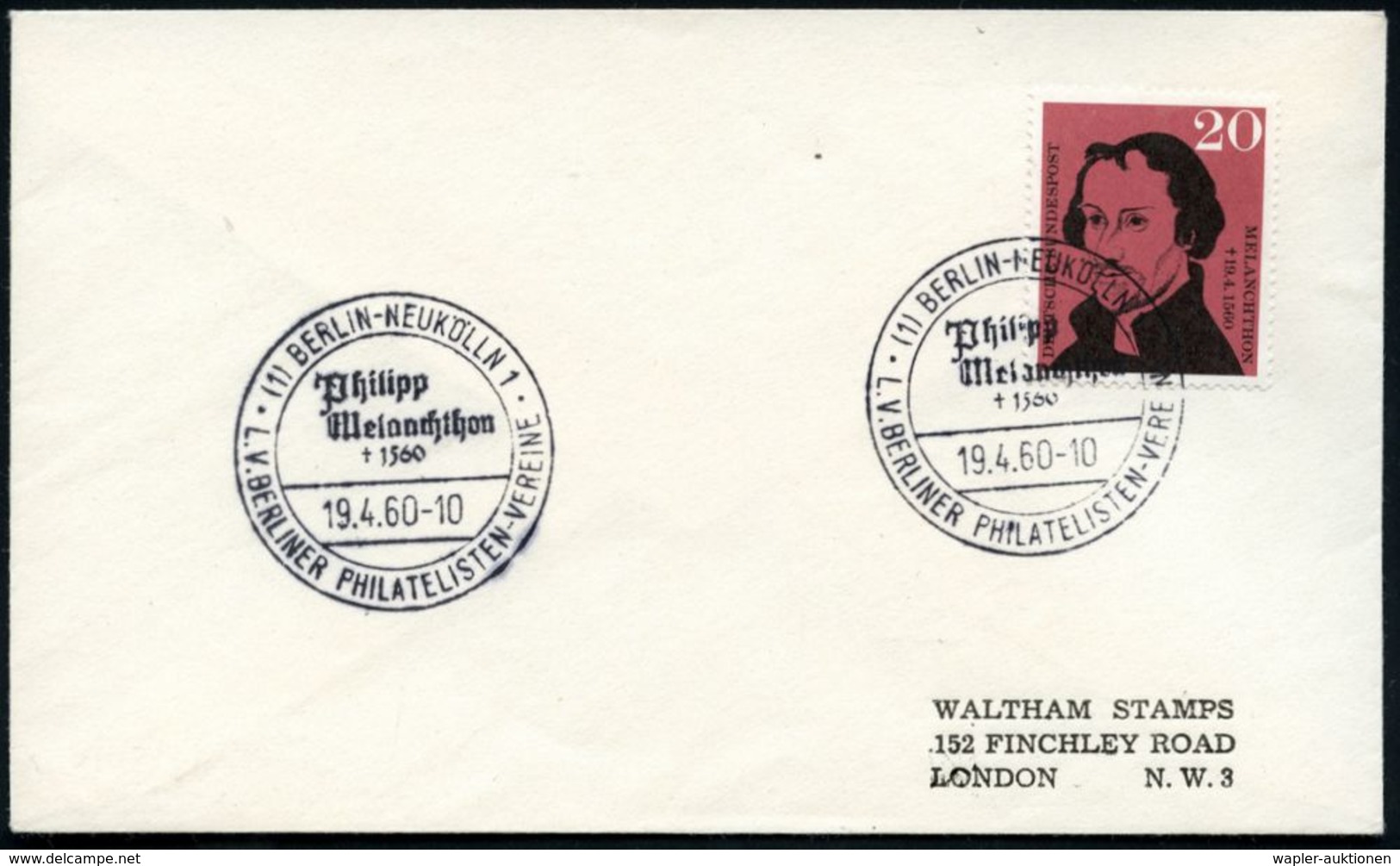 (1) BERLIN-NEUKÖLLN 1/ Philipp/ Melanchthon/ +1560.. 1960 (19.4.) Seltener SSt Auf EF 20 Pf. Philipp Melanchthon (Mi.BRD - Christentum