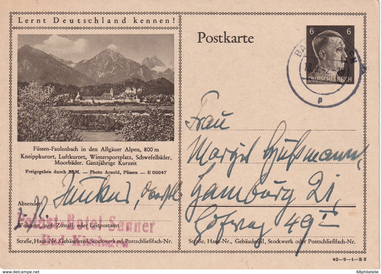 ALLEMAGNE 1942   ENTIER POSTAL/GANZSACHE/POSTAL STATIONERY CARTE ILLUSTREE DE BAD KISSINGEN - Altri & Non Classificati