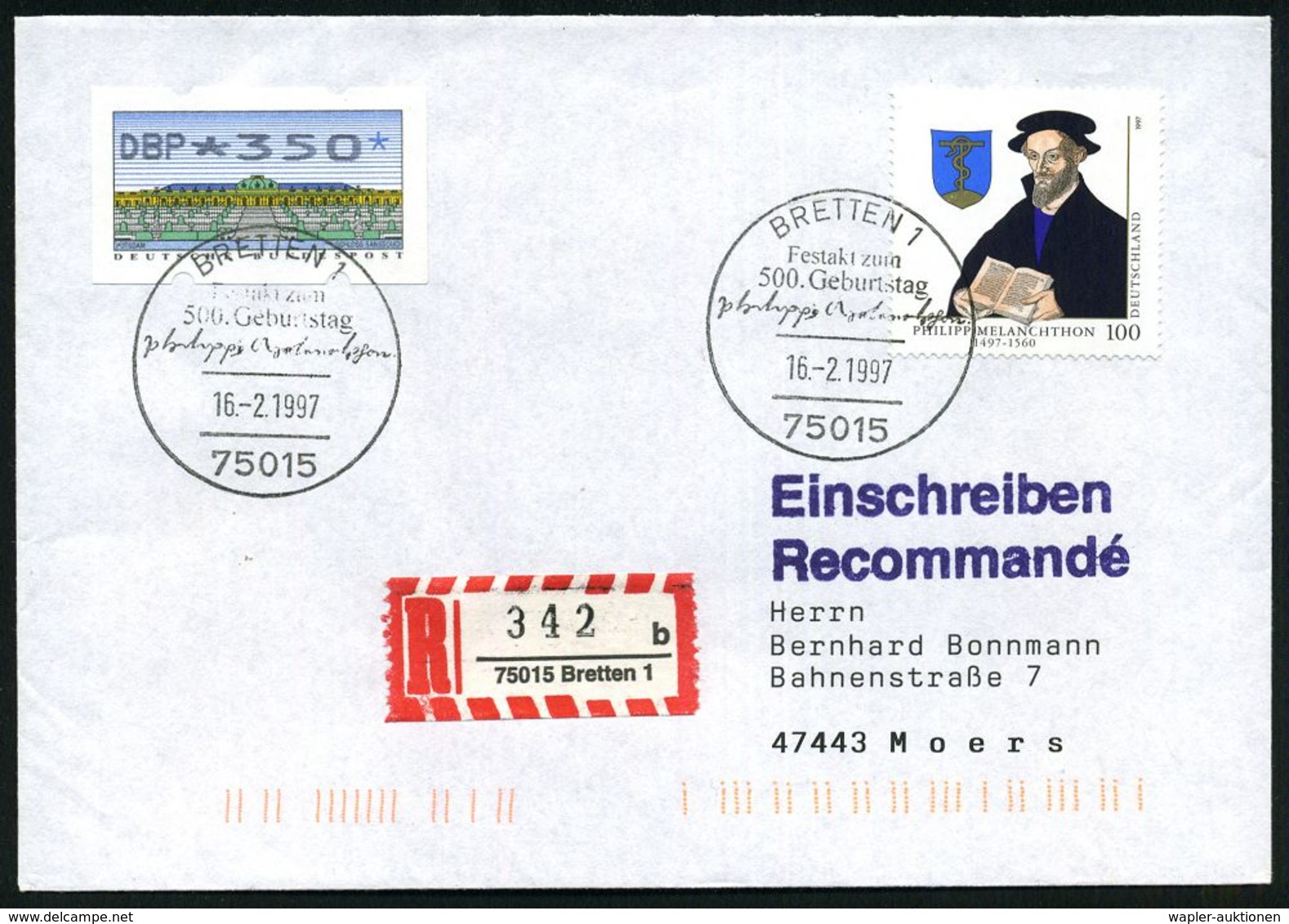 75015 BRETTEN 1/ Festakt Zum/ 500.Geburtstag/ Philipp Melanchthons 1997 (16.2.) SSt Auf 100 Pf. Melanchthon (Mi.1902) +  - Christendom