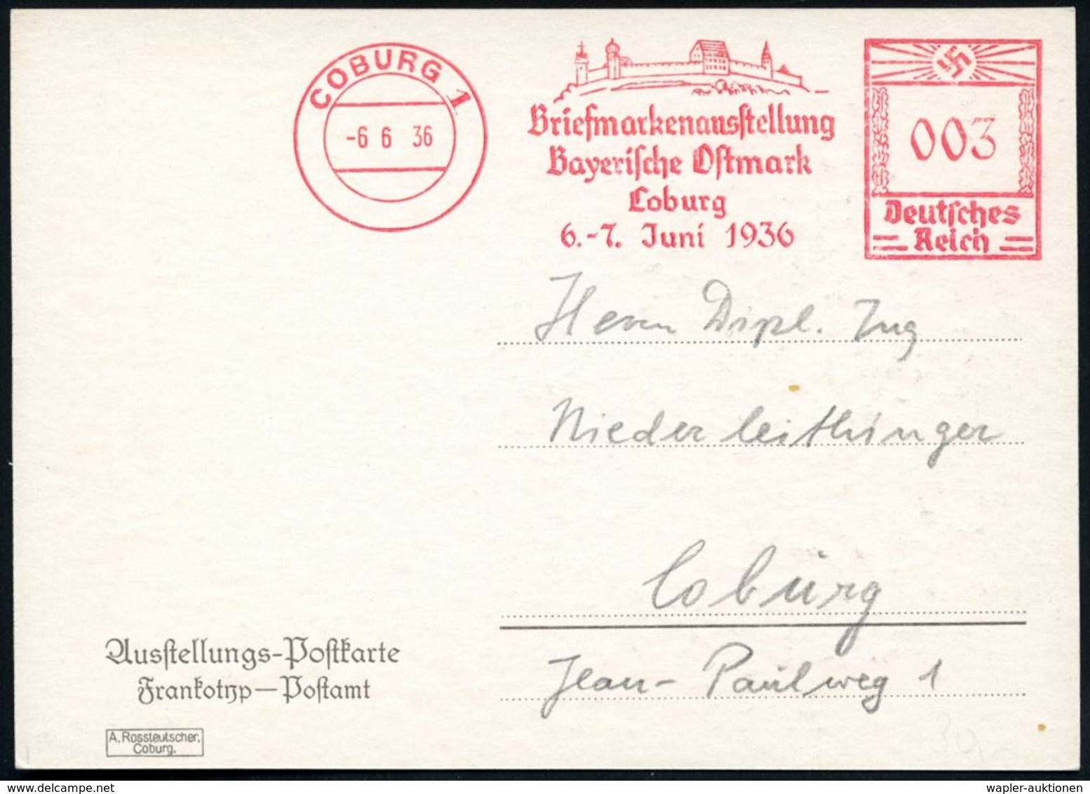 COBURG 1/ Briefmarkenausst./ Bayer.Ostmark/ 6.-7.Juni 1936 (6.6.) Seltener Ereignis-AFS = Veste Coburg = Luther-Stätte ( - Christendom