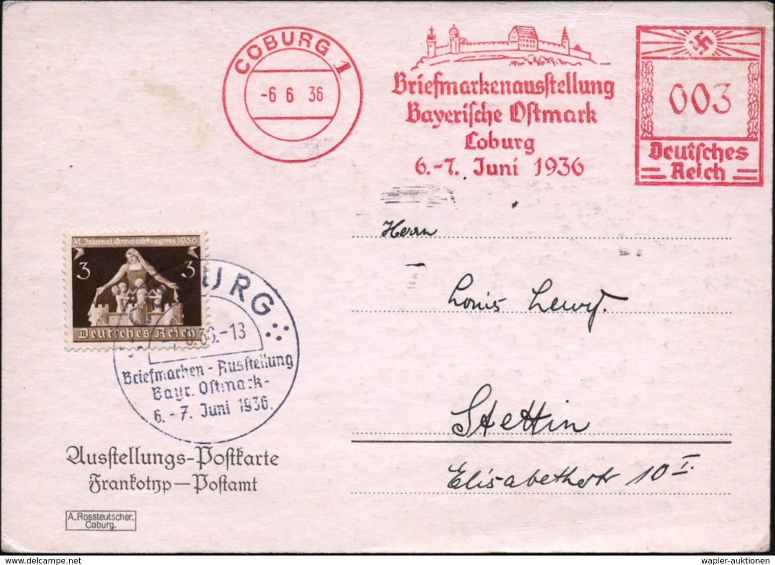 COBURG 1/ Briefmarkenausst./ Bayer.Ostmark/ ..6.-7.Juni 1936 (6.6.) AFS 003 Pf. = Veste Coburg, Lutherstätte + 3 Pf. Zus - Cristianesimo