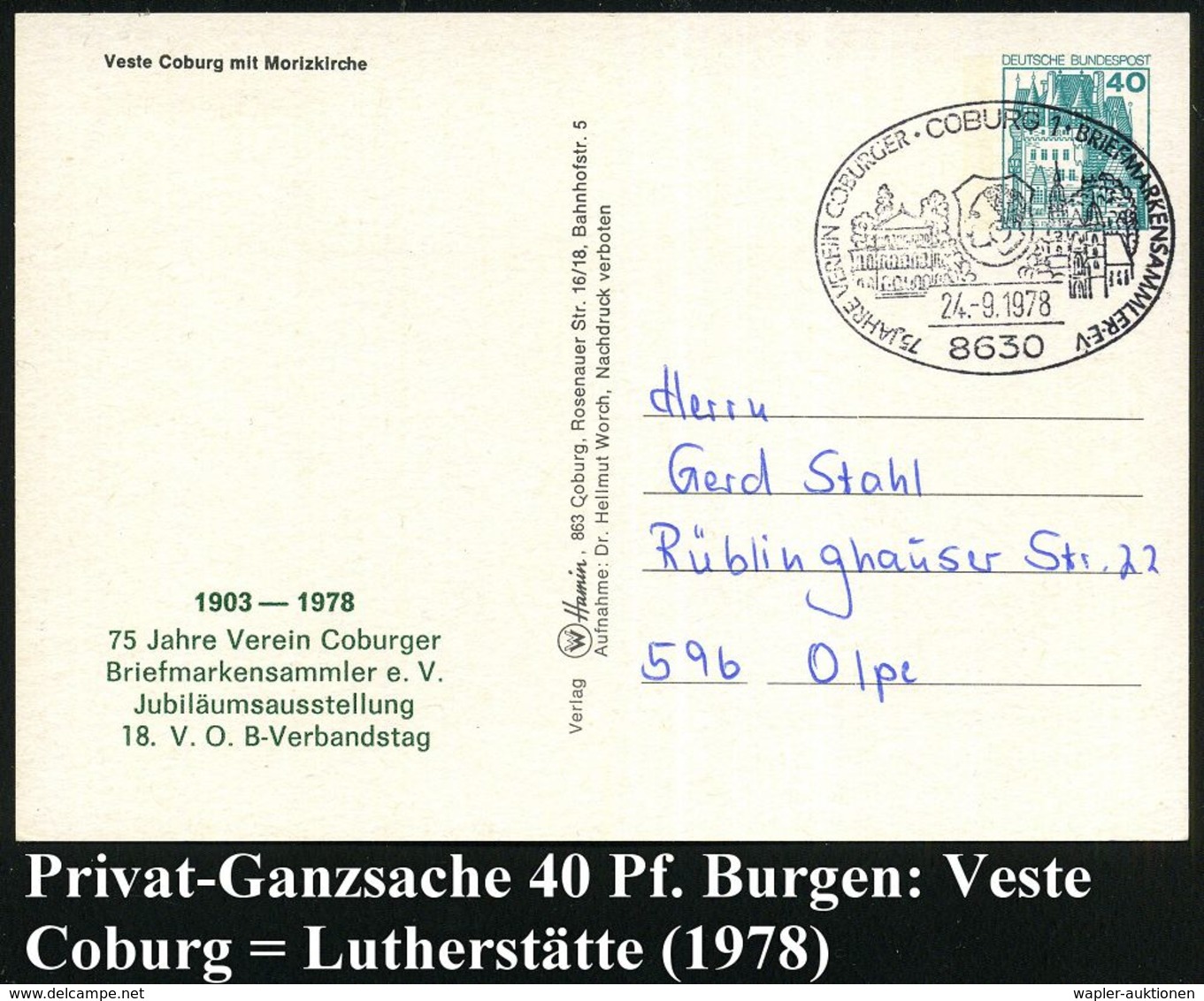 8630 COBURG 1/ 75 JAHRE VEREIN COBURGER BRIEFMARKENSAMMLER 1978 (24.9.) SSt = Ortsbild, Stadtwappen Auf Passender PP 40  - Christendom