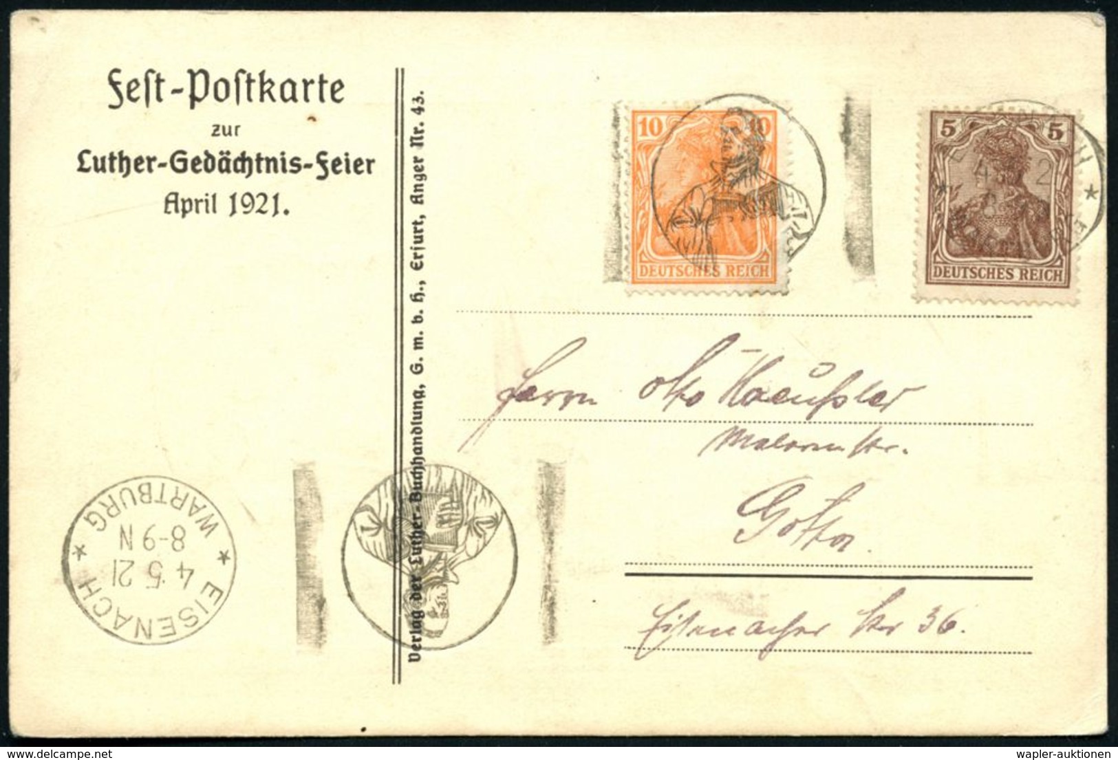 EISENACH/ *WARTBURGSTADT* 1921 (4.5.) MWSt = Luther Mit Bibel Auf Künstler-Sonderkt.: Luther-Gedächtnis-Feier Mit Luther - Christianity