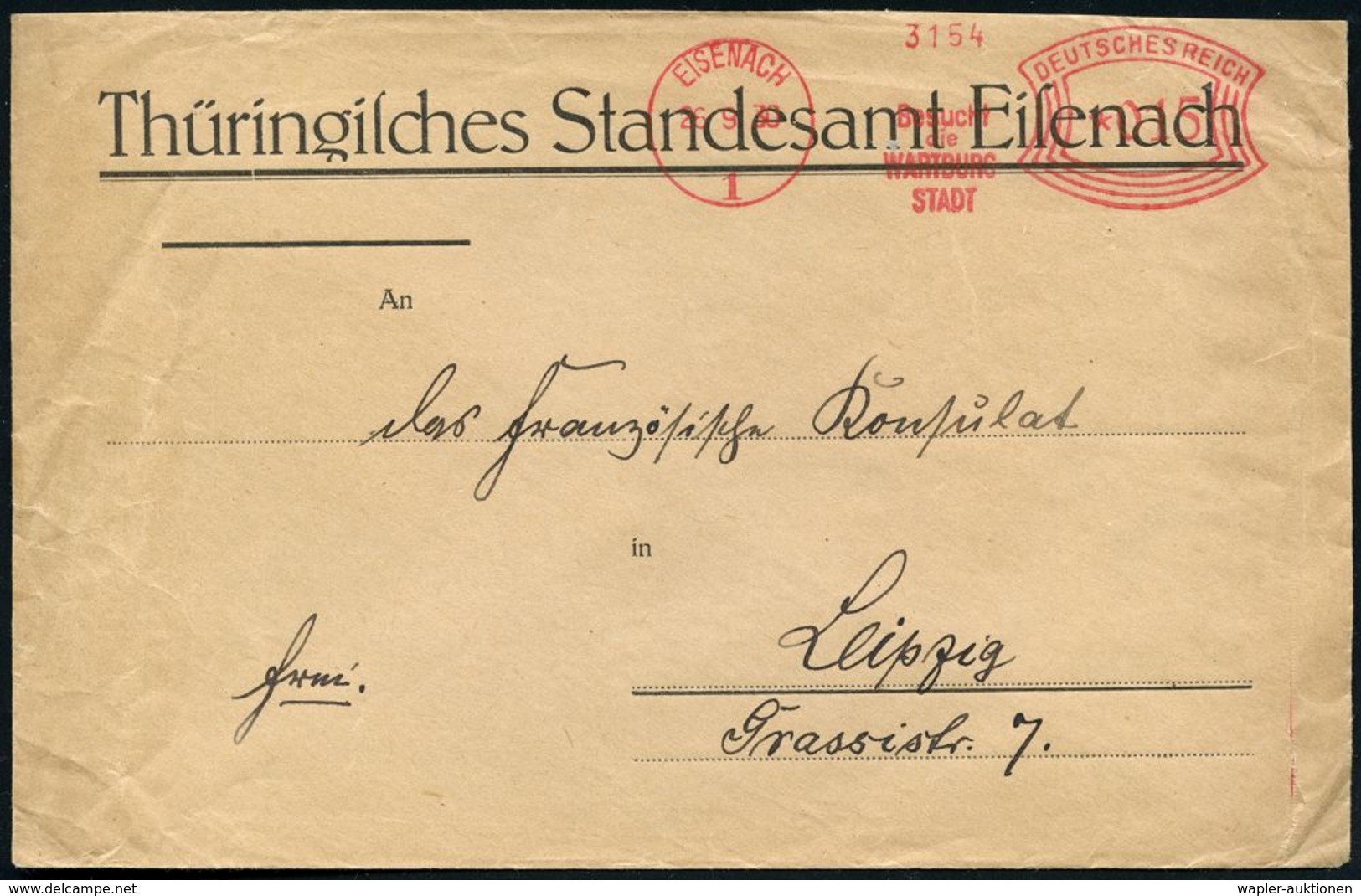 EISENACH/ 1/ Besucht/ Die/ WARTBURG/ STADT 1930 (26.9.) Seltener AFS Auf Kommunal-Bf.: Thüring. Standesamt Eisenach, Rs. - Christendom