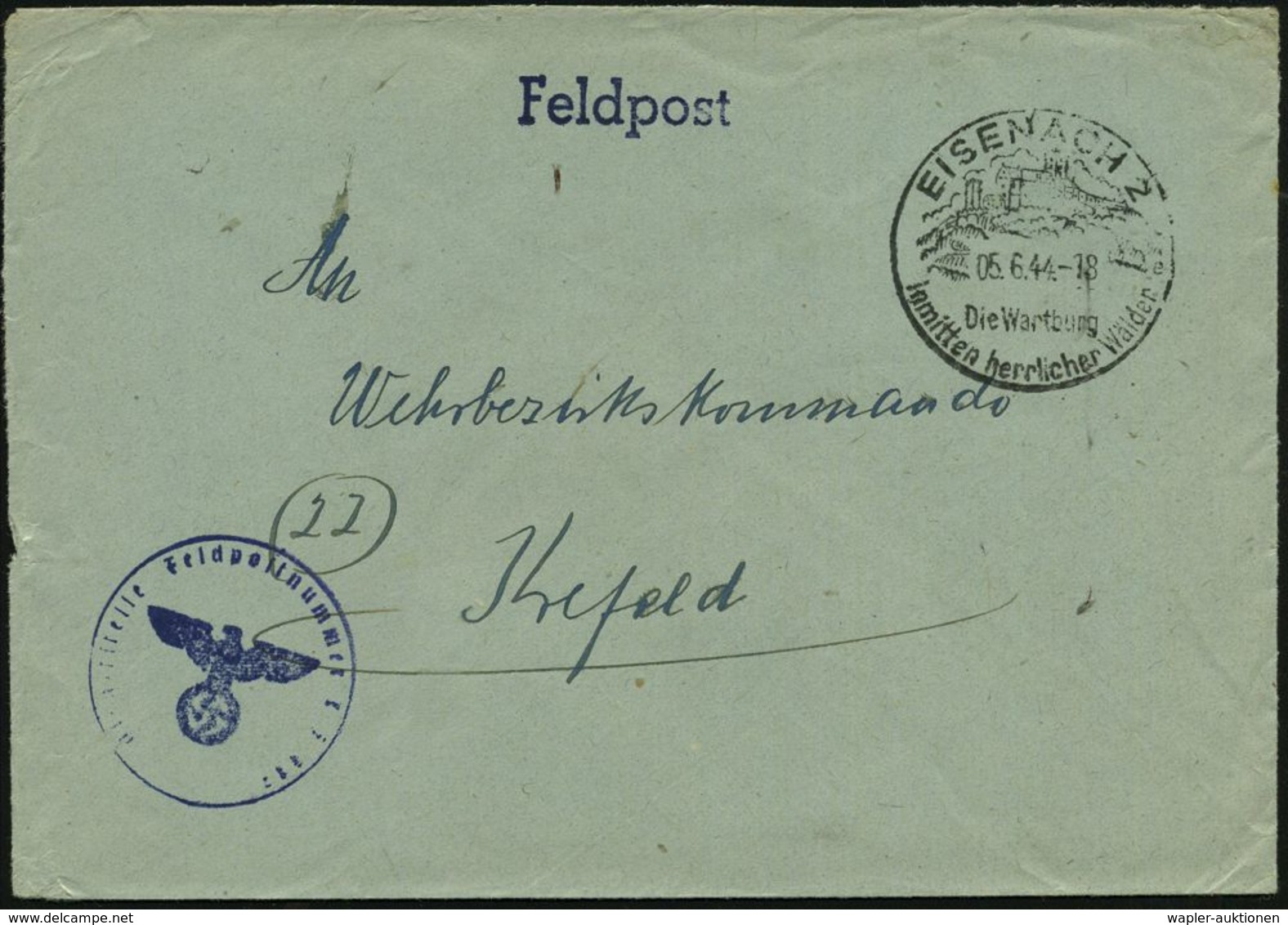 EISENACH 2/ E/ Die Wartburg/ Inmitten Herrlicher Wäler 1944 (5.6.) Seltener HWSt = Wartburg + Fp.-HdN. (Fp.Nr. L 51887)  - Cristianesimo