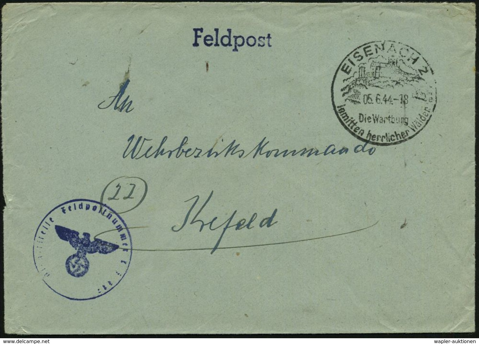 EISENACH 2/ E/ Die Wartburg/ Inmitten Herrlicher Wäler 1944 (5.6.) Seltener HWSt = Wartburg + Fp.-HdN. (Fp.Nr. L 51887)  - Christendom