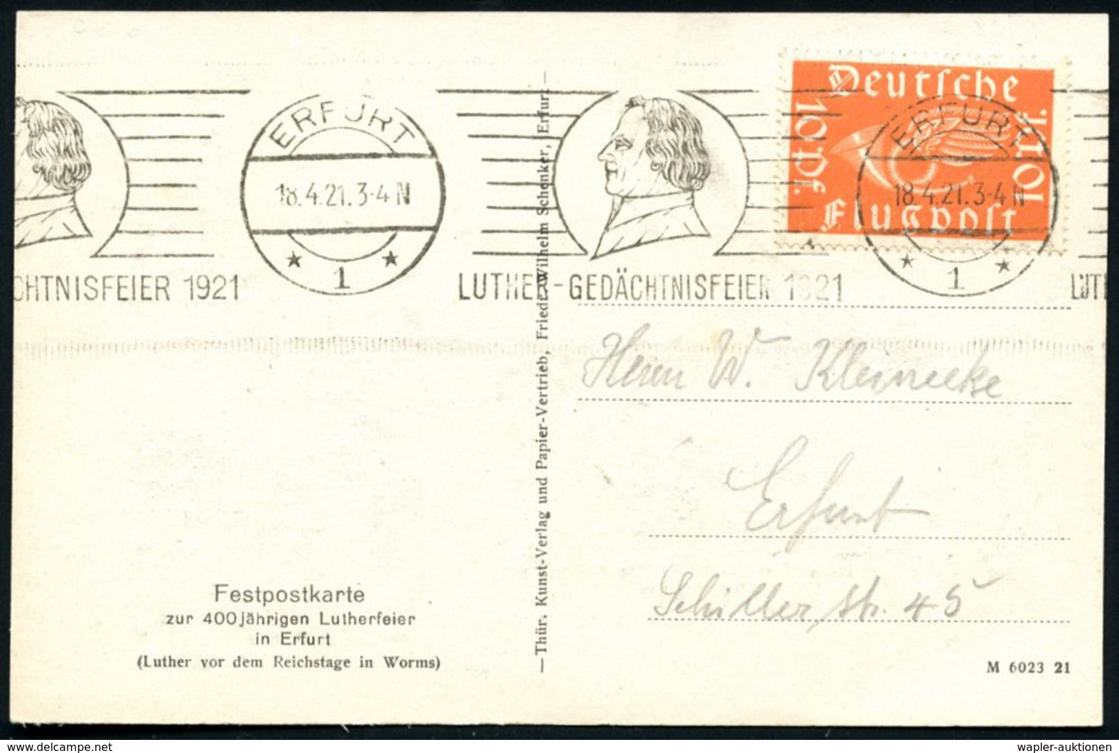 ERFURT/ * 1*/ LUTHER-GEDÄCHTNISFEIER 1921 (7.4.) BdMWSt = Luther-Kopf , Klar Gest. Jubil.-Sonder-Kt.: "400jähr. Lutherfe - Cristianesimo