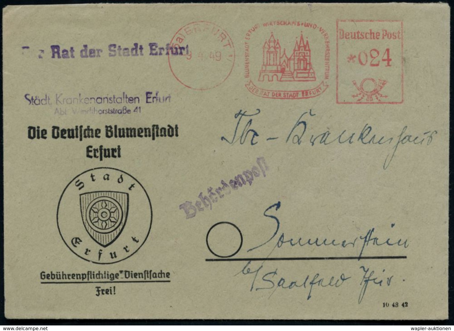 (15a) ERFURT 1/ ..DER RAT DER STADT 1949 (9.4.) AFS Severikirche U. Dom + 1L: Rat Der Stadt Erfurt Etc., Dekorat. Vordr. - Christianisme