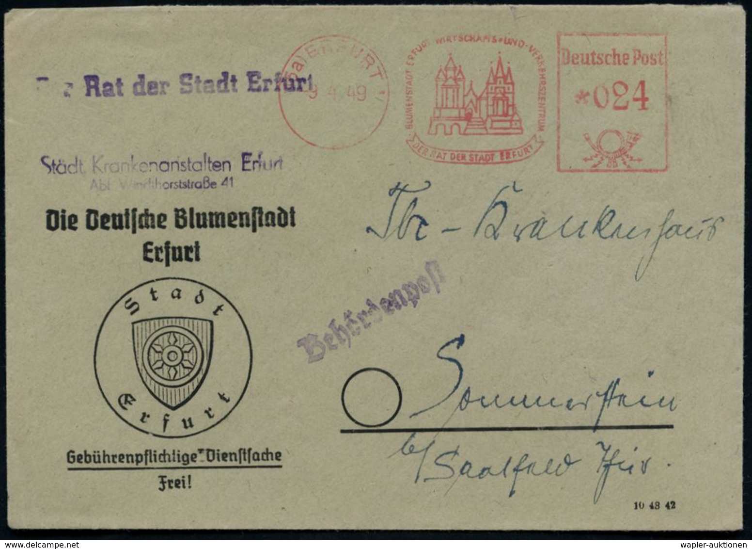 (15a) ERFURT 1/ ..DER RAT DER STADT 1949 (9.4.) AFS Severikirche U. Dom + 1L: Rat Der Stadt Erfurt Etc., Dekorat. Vordr. - Christendom