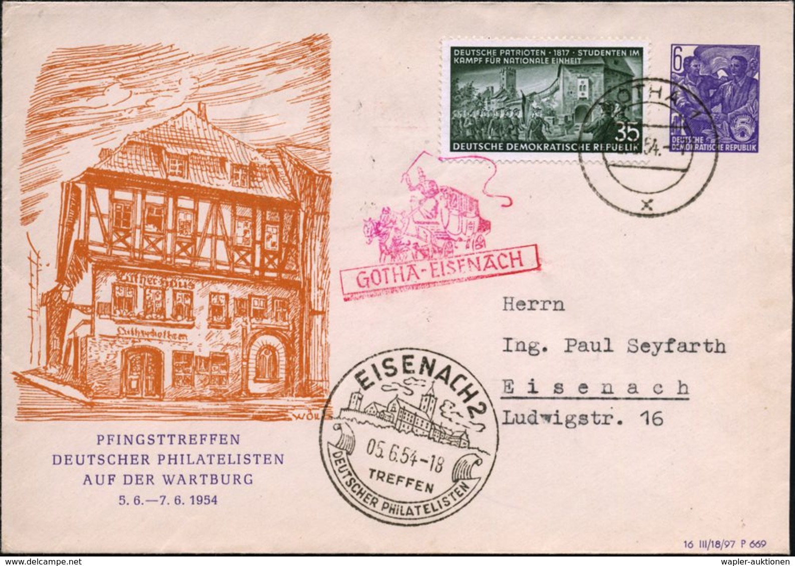 GOTHA 1/ X 1954 (5.6.) 2K-Steg + SSt.: EISENACH 2/TREFFEN/DEUTSCHER PHILATELISTEN Als AS , Motivgl. PU 6 Pf. "Fünfjahrpl - Cristianesimo