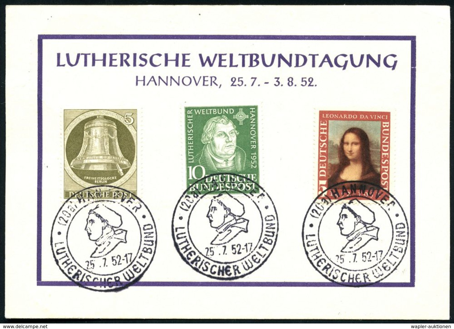 (20a) HANNOVER/ LUTHERISCHER WELTBUND 1952 (25.7.) SSt = Luther Mit Doktor-Mütze, 4x Auf Luther 10 Pf. = FDC U.a. (Mi.14 - Cristianesimo