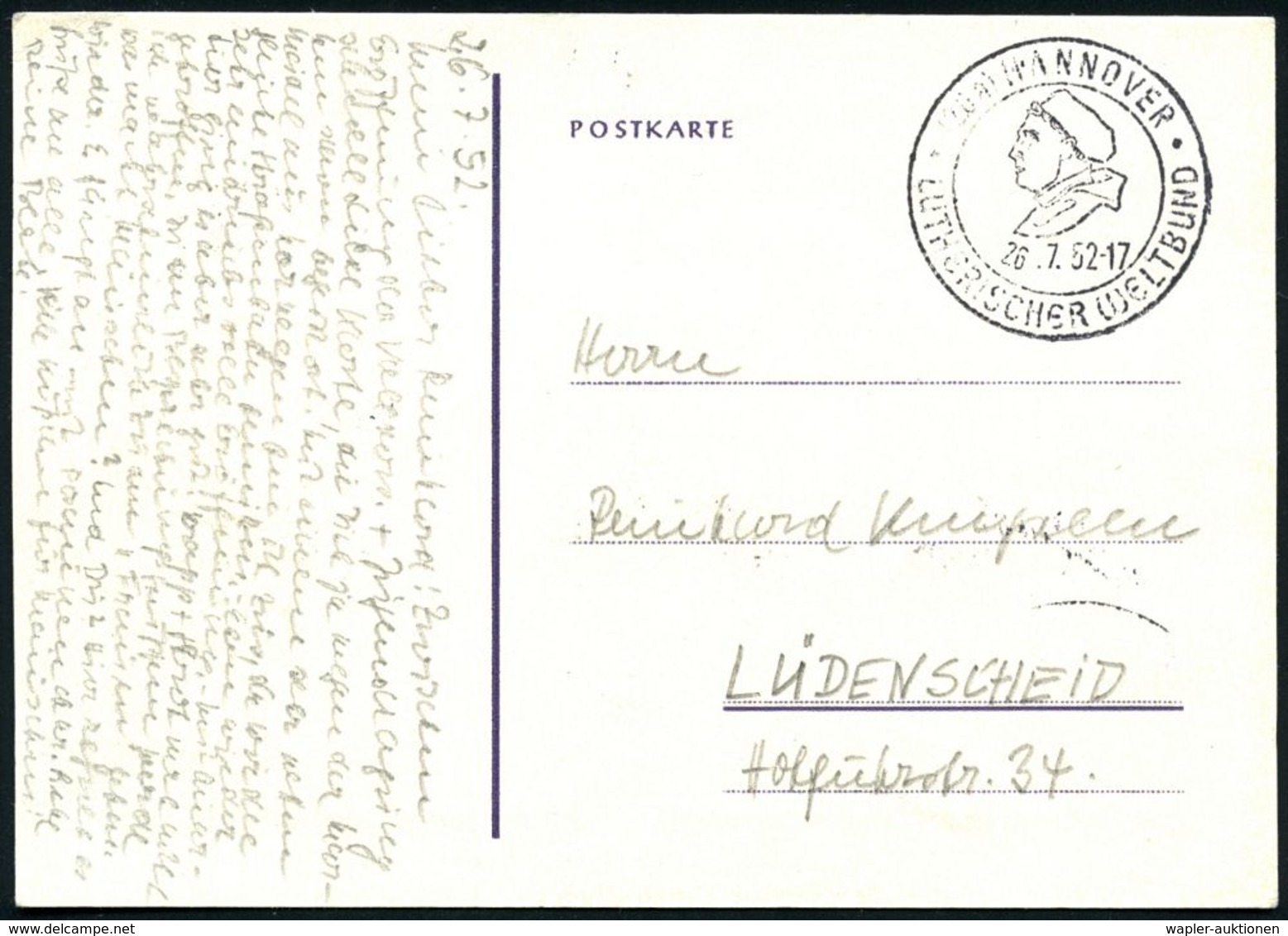 (20a) HANNOVER/ LUTHERISCHER WELTBUND 1952 (25.7.) SSt = Luther Mit Doktor-Mütze, 4x Auf Luther 10 Pf. = FDC U.a. (Mi.14 - Cristianesimo