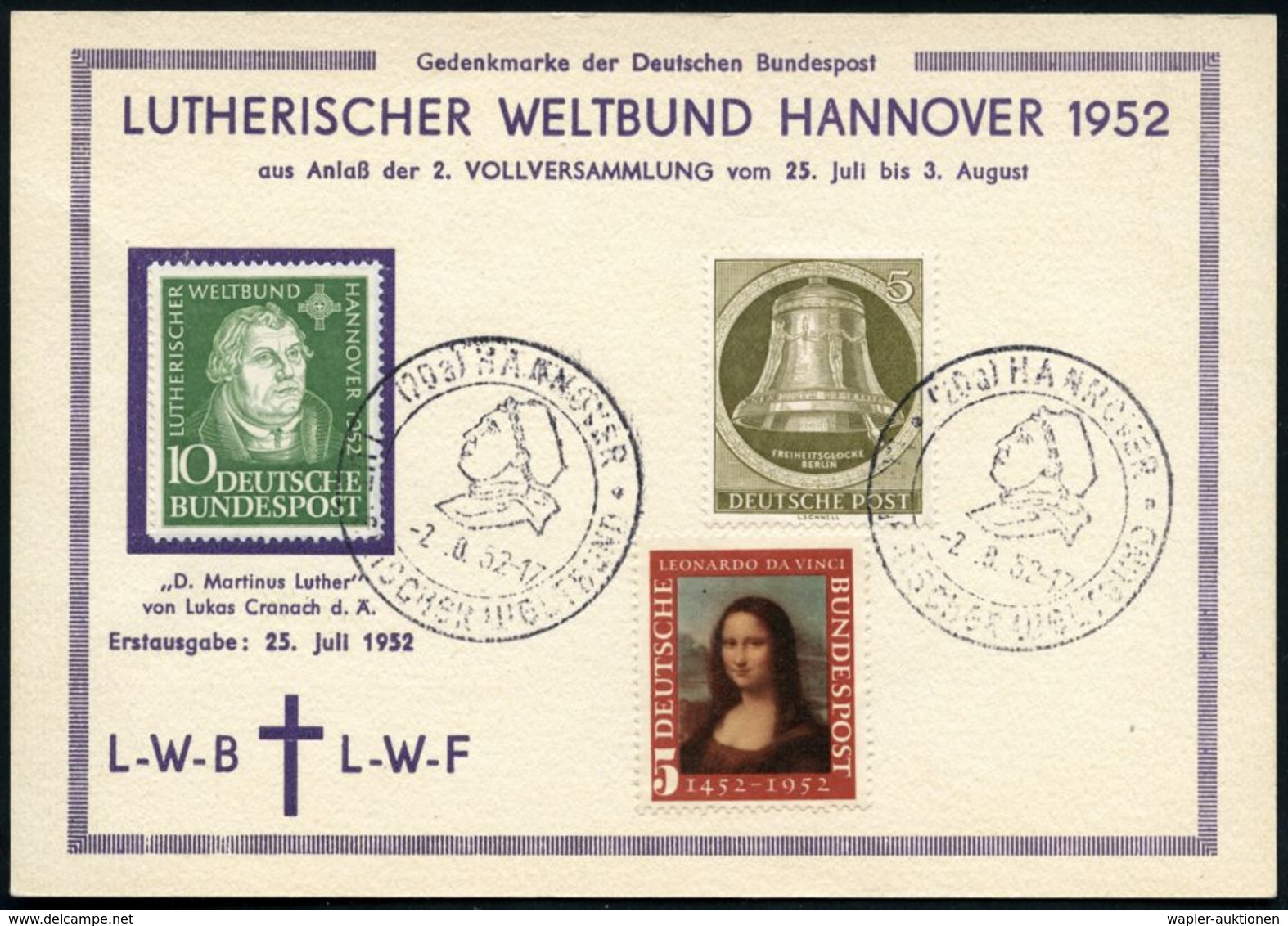 (20a) HANNOVER/ LUTHER.WELTBUND 1952 (2.8.) SSt Type III Auf 10 Pf. Luther U. 5 Pf. Mona Lisa (Mi.149 Etc., + 22.- EUR)  - Cristianesimo