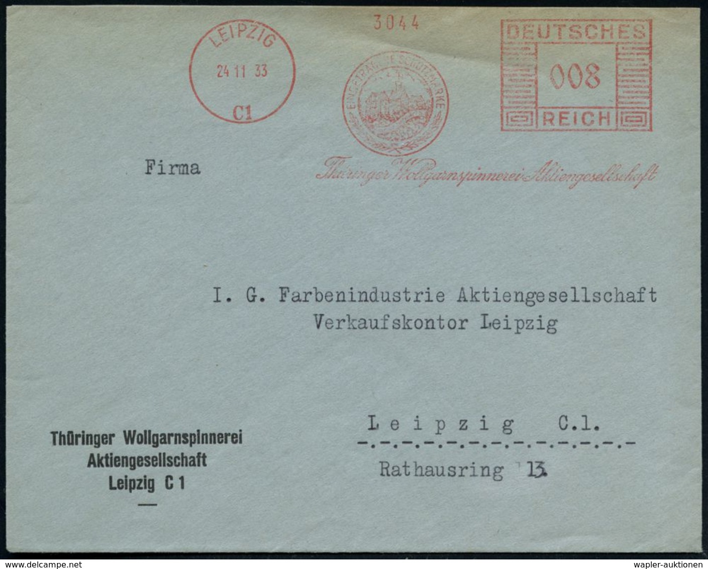 LEIPZIG/ C1/ Thüringer Wollgarnspinnerei AG 1933 (10.1.) AFS = Wartburg , Klar Gest. Orts-Firmen-Bf., Vergl. Los 985  (D - Cristianesimo