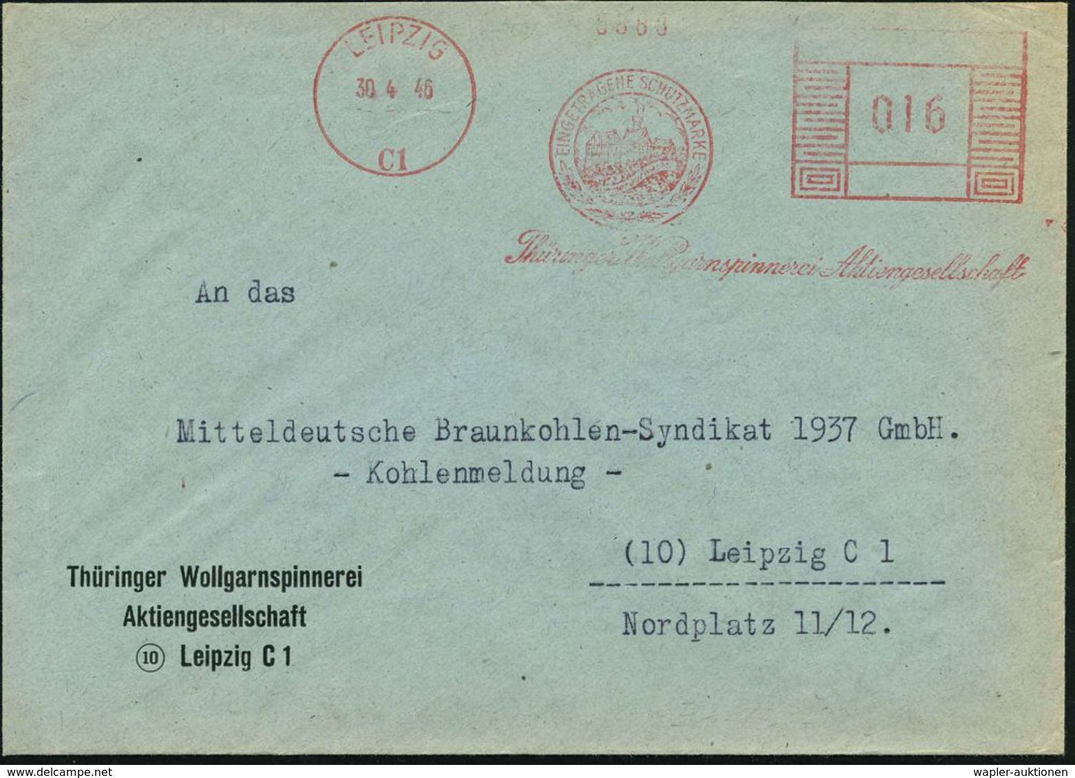 LEIPZIG/ C 1/ ..Thüringer Wollgarnspinnerei AG. 1946 (19.11.) Seltener, Aptierter AFS "Mäanderrechteck" = Wartburg , Kla - Christendom