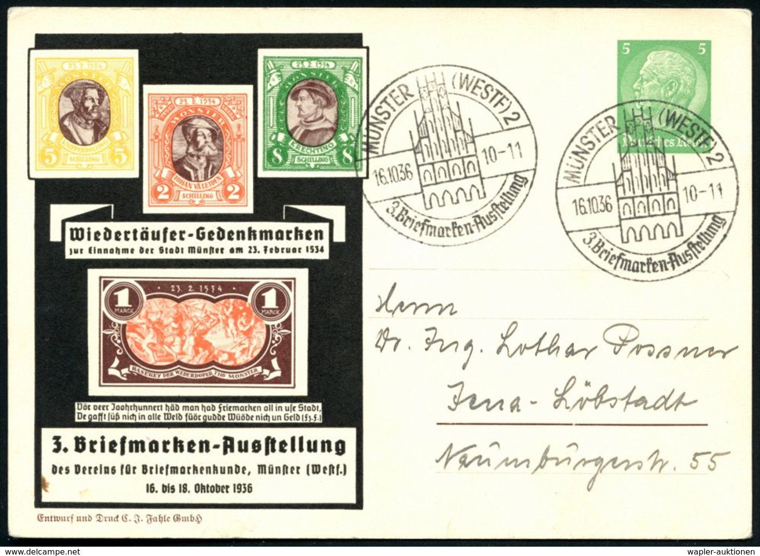 MÜNSTER 8WESTF) 2/ 3.Briefmarkenausstellung 1936 (16.10.) SSt = Rathaus Aus Passender PP 5 Pf. Hindenbg.: Wiedertäufer-( - Cristianesimo