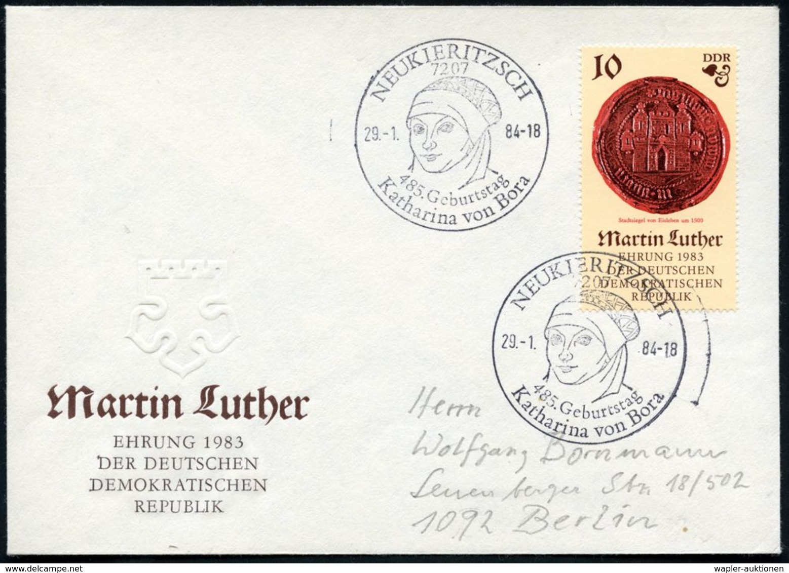 7207 NEUKIERITZSCH/ 485.Geburtstag/ Katharina Von Bora 1984 (29.1.) SSt = Kopfbild = Luthers Ehefrau, EF 10 Pf. Martin L - Cristianesimo