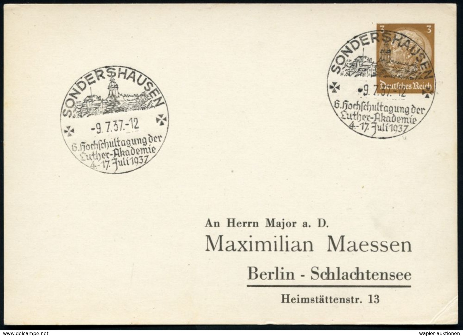 SONDERSHAUSEN/ 6.Hochschultagung Der/ Luther-Akademie.. 1937 (16.7.) Seltener SSt = Schloß , Klar Gest. Inl.-PP 3 Pf. Hi - Cristianesimo