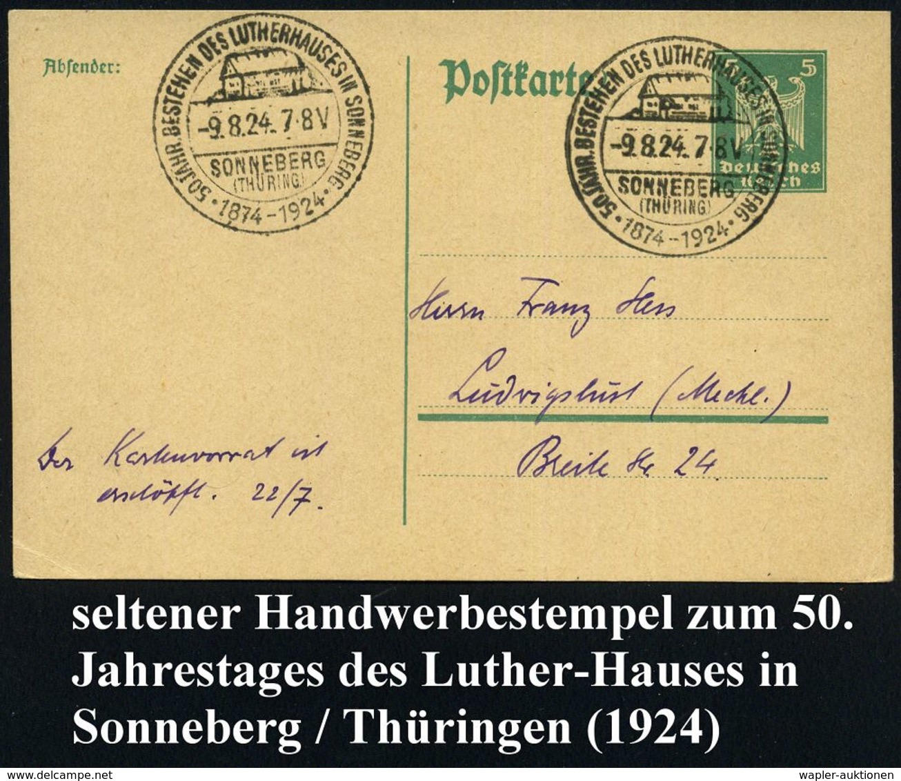 SONNEBERG/ (THÜRING)/ 50 JÄHR.BESTEHEN DES LUTHERHAUSES.. 1924 (11.8.) Sehr Seltener HWSt 2x Klar Auf  Inl.-Karte (Bo.1) - Christianisme