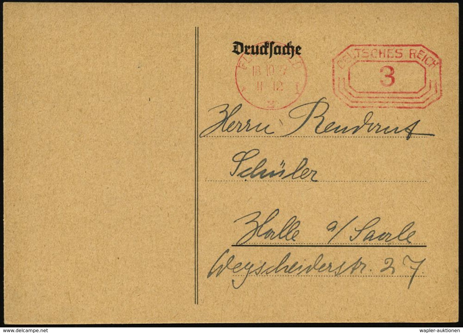 Stuttgart 1927 (18.10.) 3 Pf. PFS Auf  Einladungskt.: Jahres-Versammlung Deutscher Hugenotten-Vereins (m. Programm) Fern - Cristianesimo