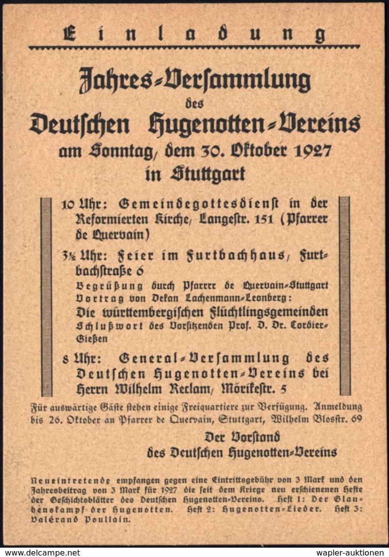 Stuttgart 1927 (18.10.) 3 Pf. PFS Auf  Einladungskt.: Jahres-Versammlung Deutscher Hugenotten-Vereins (m. Programm) Fern - Cristianesimo