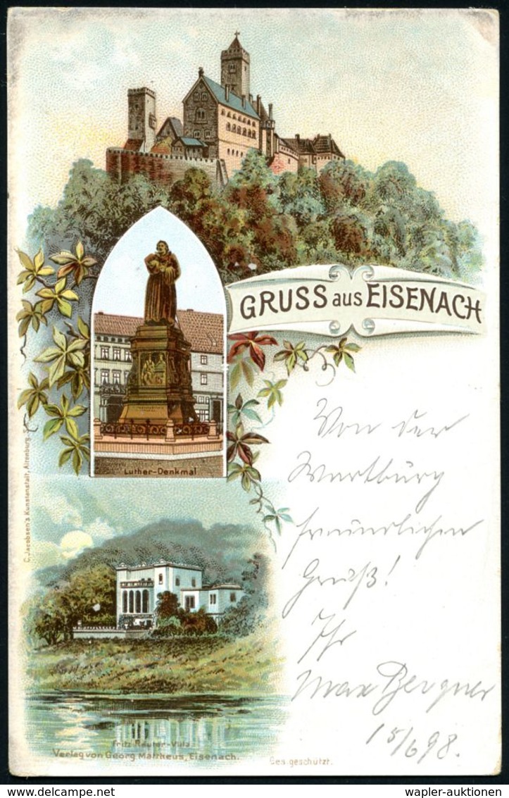 WARTBURG/ ** 1898 (15.6.) 1K = Hauspostamt Der Wartburg Auf Passender Color-Litho-Ak.: Wartburg, Luther-Denkmal (u. Frit - Christianisme