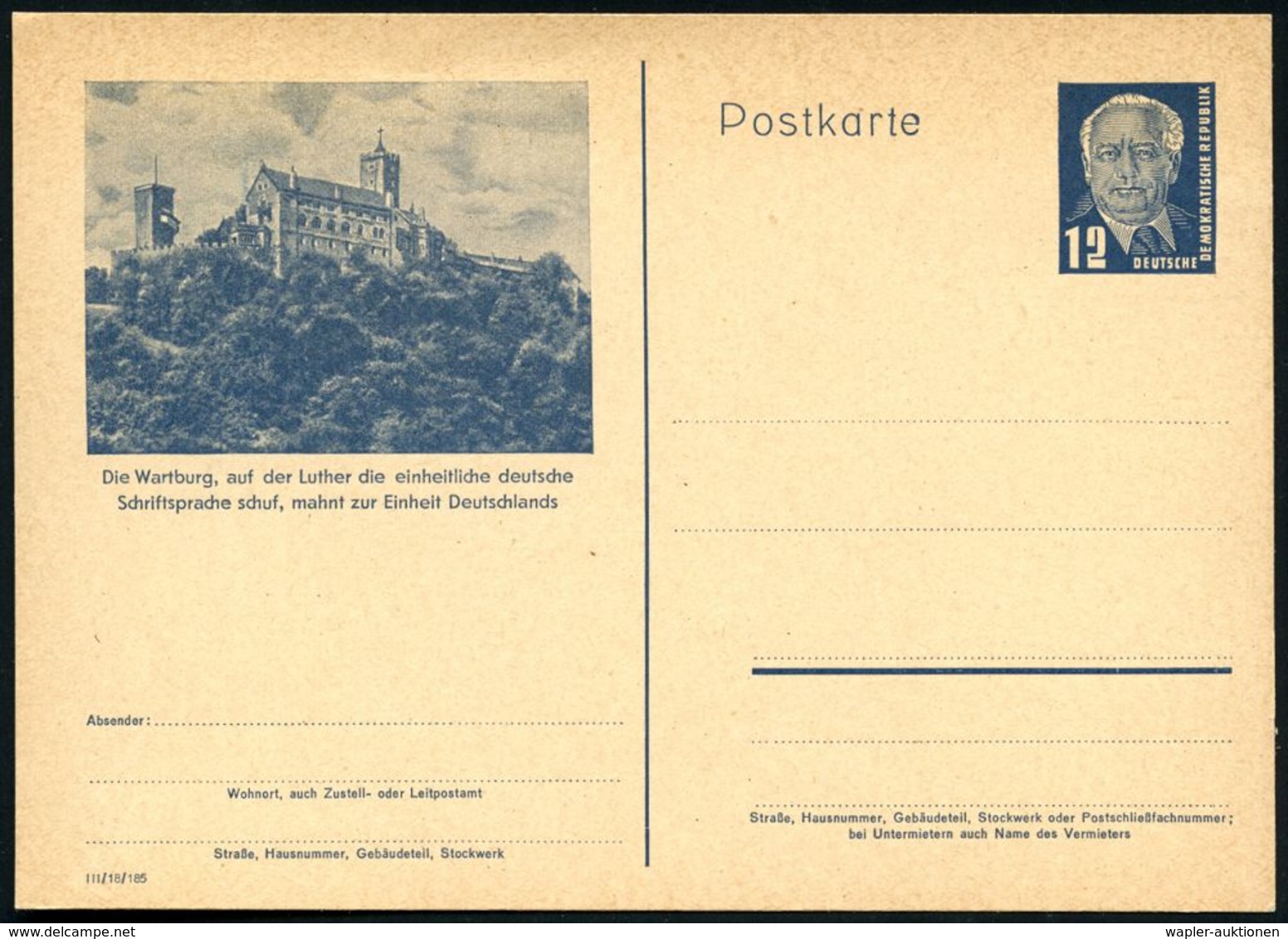 Wartburg 1950 12 Pf. BiP Pieck, Blau: Die Wartburg... , Ungebr. (Mi.P 47/07) - MARTIN LUTHER & REFORMATION & REFORMATORE - Christendom