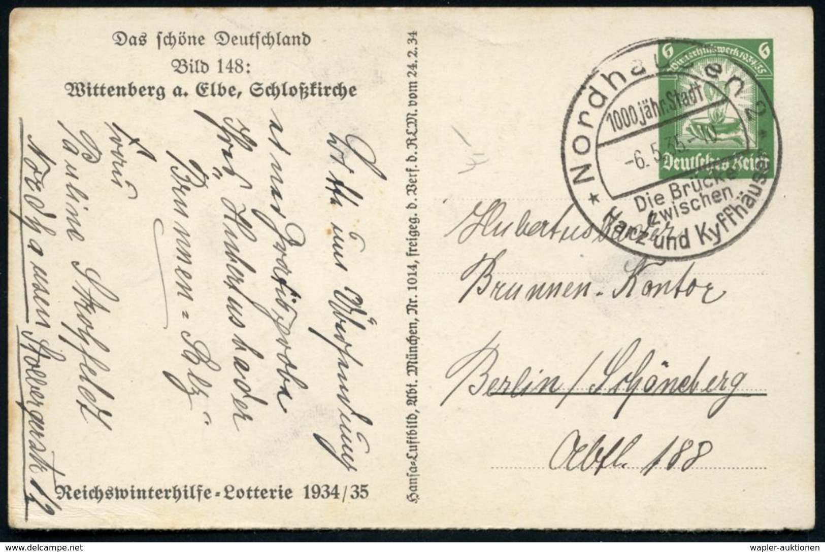 Wittenberg 1935 6 Pf. BiP WHW-Lotterie, Grün: Schloßkirche (Luftbild) Gest. Nordhausen, Bedarf!  (Mi.P 254/148) - MARTIN - Christendom