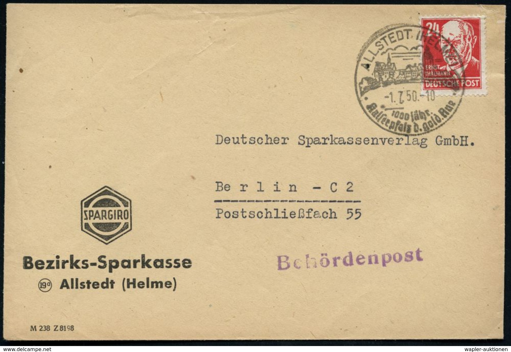 ALLSTEDT (HELME)/ 1000jähr./ Kaiserpfalz D.gold.Aue 1950 (1.7.) HWSt = Kaiserpfalz Auf Firmen-Bf.: Bezirks-Sparkasse All - Andere & Zonder Classificatie