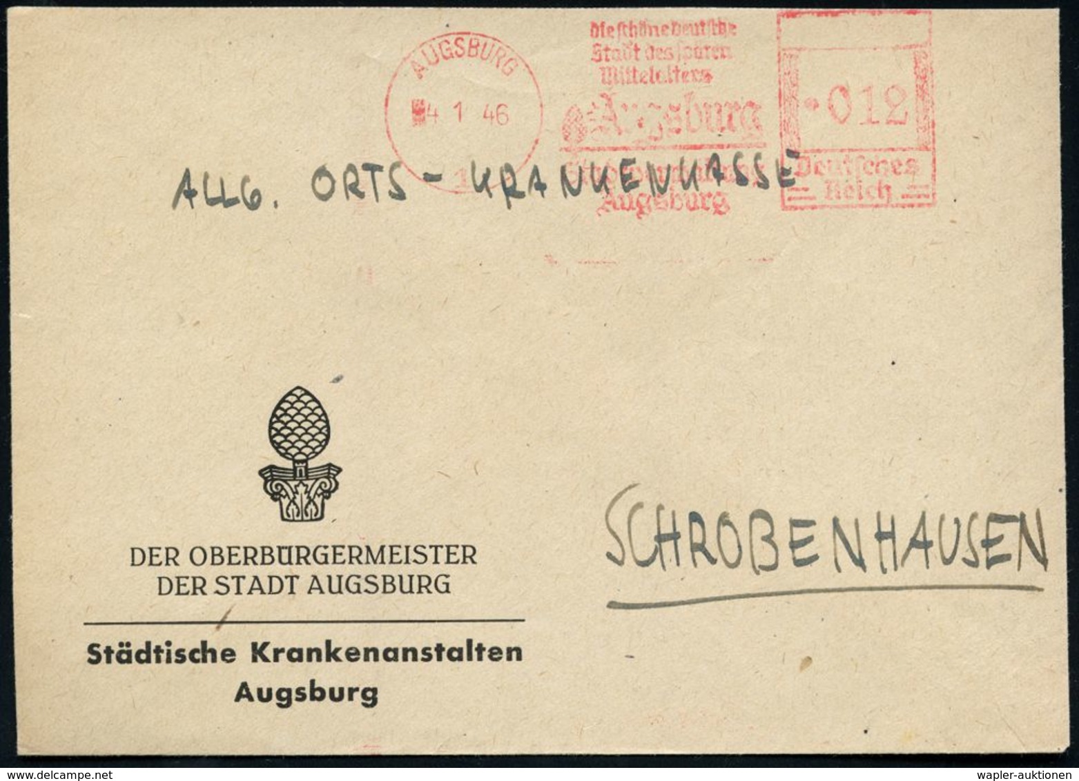 AUGSBURG/ 1/ D.schöne Deutsche/ Stadt D.späten/ Mittelalters/ ..Stadtverwaltung 1946 (4.1.) Aptierter AFS = Hakenkreuz E - Andere & Zonder Classificatie