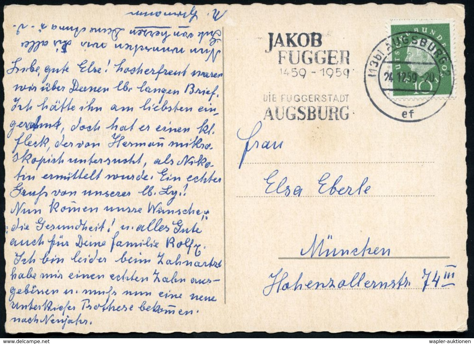 (13b) AUGSBURG 2/ Ef/ JAKOB FUGGER/ 1459-1959/ DIE FUGGERSTADT.. 1959 (24.12.) MWSt Klar Auf Weihnachts-Ak. (Bo.44 A III - Andere & Zonder Classificatie