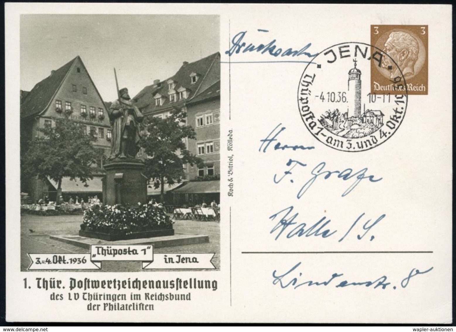 JENA/ Thüposta 1 1936 (4.10.) SSt (Fuchsturm) Auf Passender PP 3 Pf.: "Thüposta 1": Denkmal Friedrich Der Großmütige, Un - Autres & Non Classés