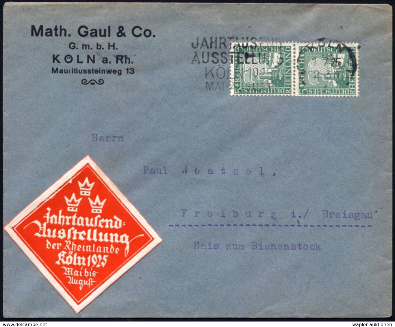 KÖLN/ *1r/ JAHRTAUSEND/ AUSSTELLUNG 1925 (1.7.) MWSt Auf Senkr. Paar "1000 Jahre Rheinland" (Mi.372 MeF) + Amtl. Rhombus - Andere & Zonder Classificatie