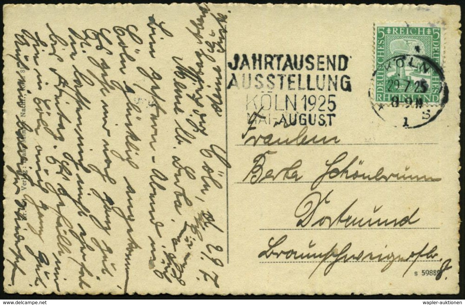 KÖLN/ *1S/ JAHRTAUSEND/ AUSSTELLUNG.. 1925 (29.7.) MWSt Auf Passender EF 5 Pf. "1000 Jahre Rheinland" (Mi.372 EF) Auf S/ - Andere & Zonder Classificatie