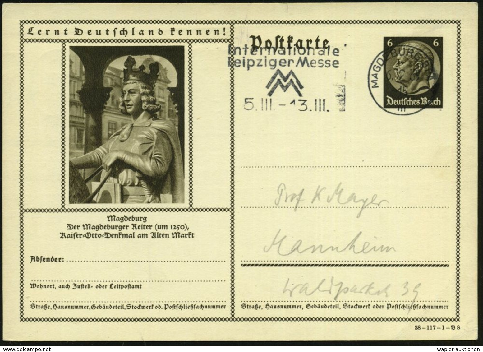 Magdeburg 1939 (6.2.) 6 Pf. BiP Hindenbg., Braun: Der Magdeburger Reiter (um 1250) / Kaiser-Otto-Denkmal.. = Otto I.  +  - Sonstige & Ohne Zuordnung